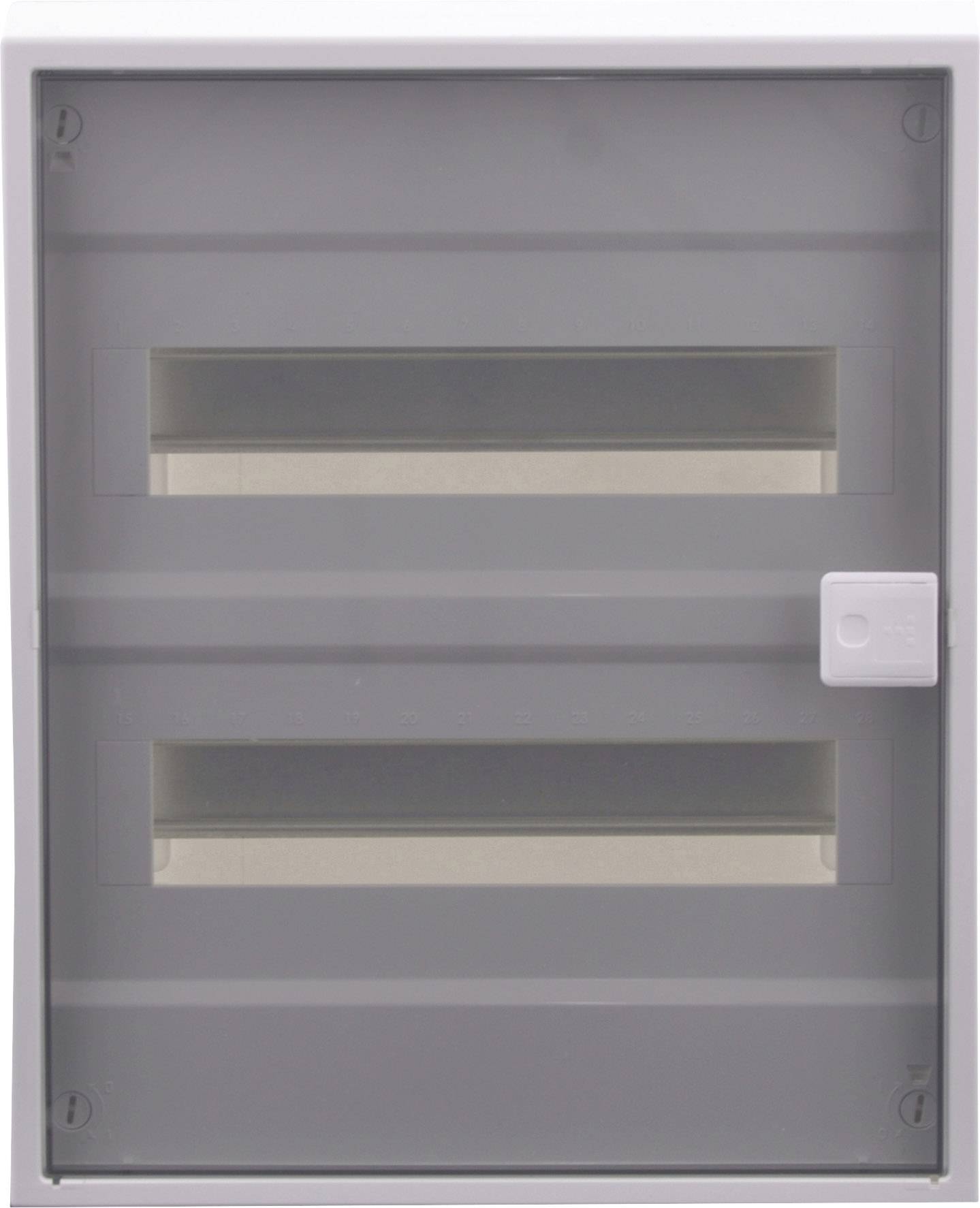 Szary skrzynka rozdzielcza z dwoma poziomymi rzędami i małym białym przyciskiem po prawej stronie.