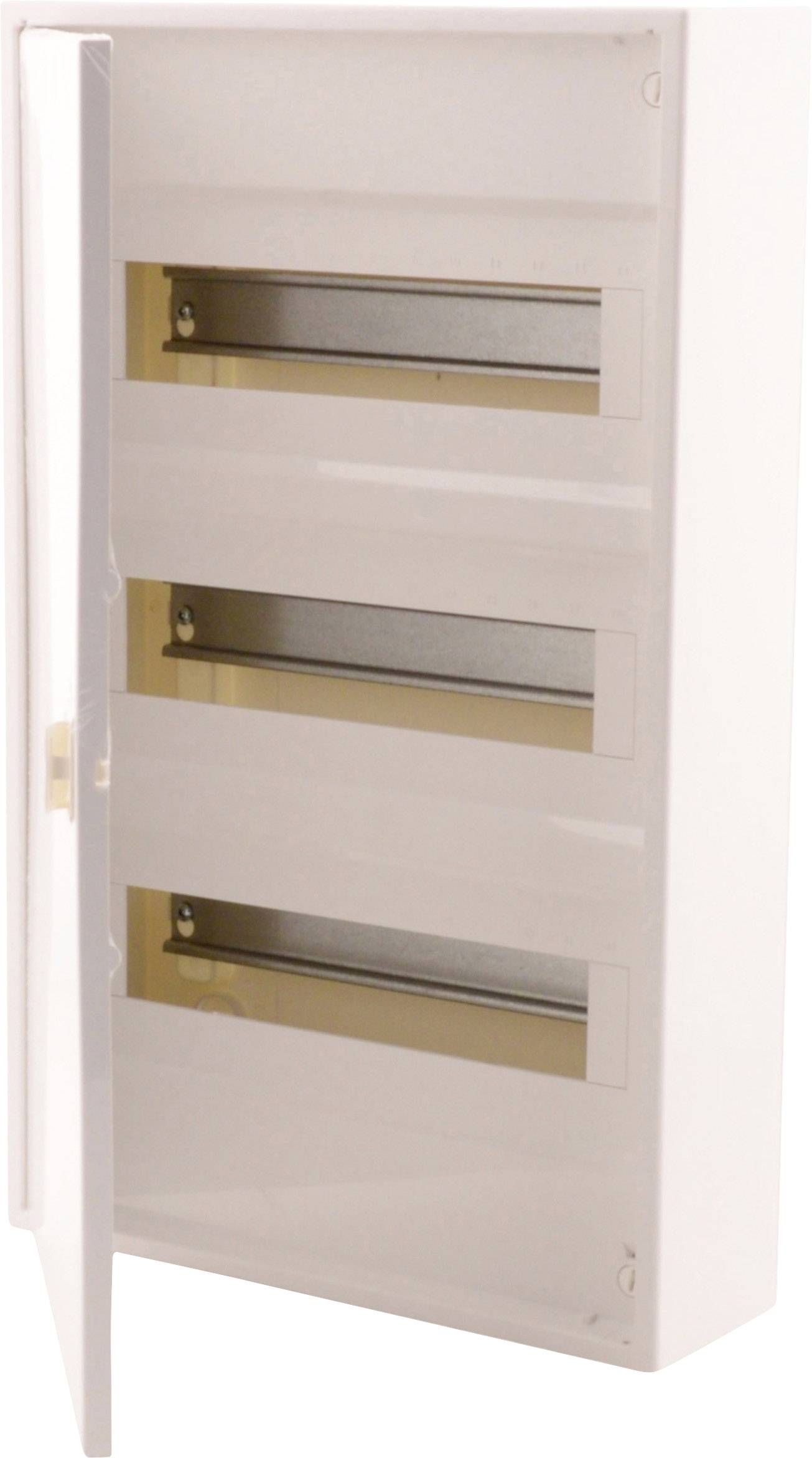 Biały, otwarty rozdzielacz elektryczny z trzema poziomymi szynami wewnątrz, zamontowany na ścianie.