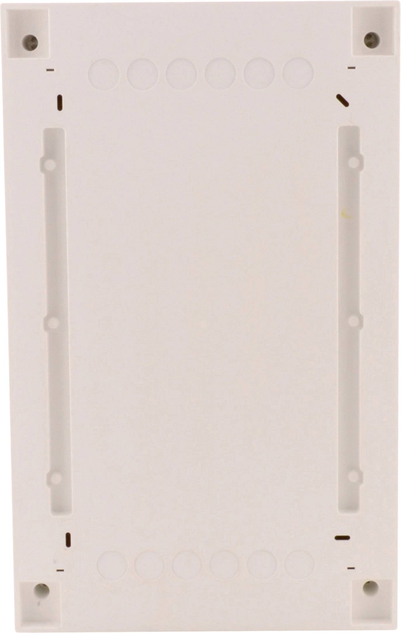 Prostokątna, biała płyta z tworzywa sztucznego z kilkoma otworami i punktami mocowania, prawdopodobnie przeznaczona do zamontowania na ścianie.