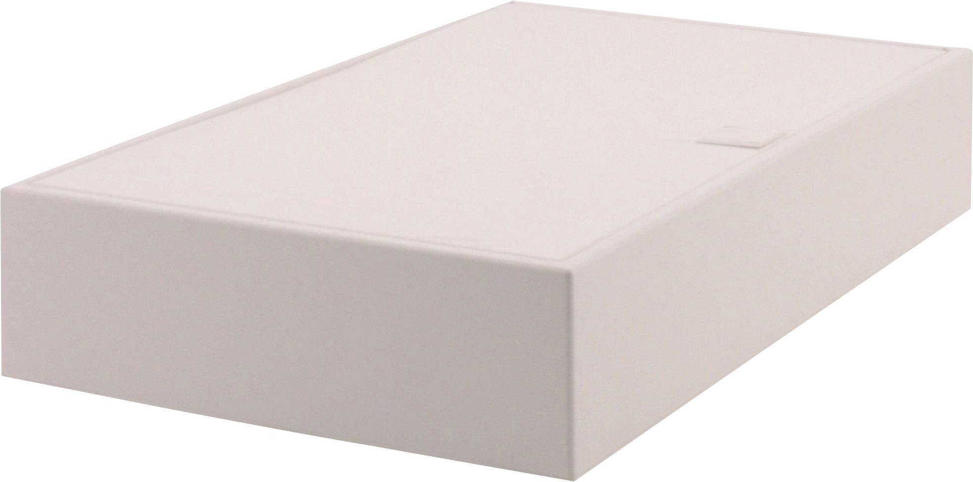 Biała, prostokątna pudełko z gładką powierzchnią na jasnym tle.