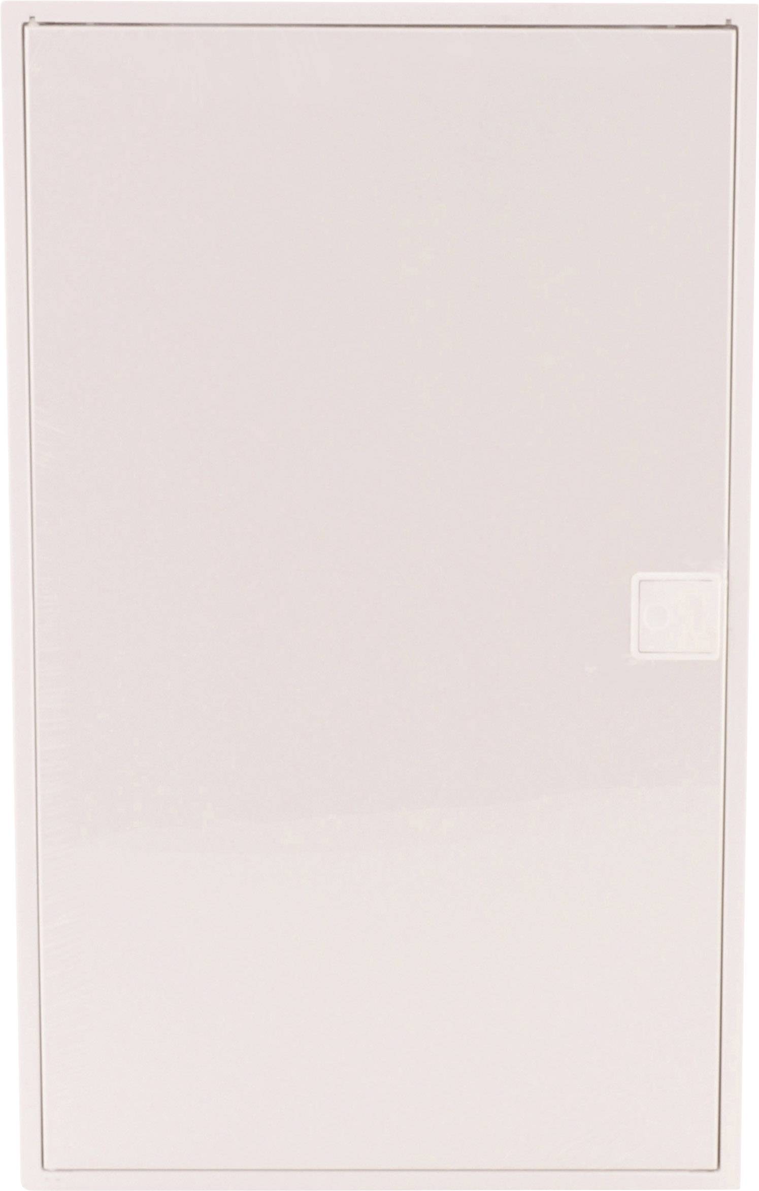 Zamknięte, beżowe metalowe drzwi z małym kwadratowym uchwytem po prawej stronie.