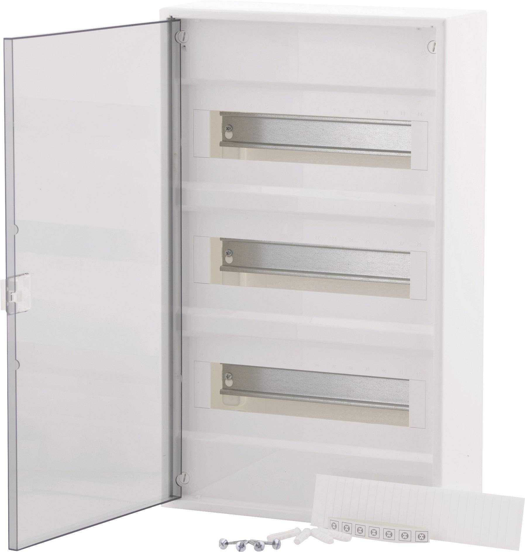 Otwarty, biały rozdzielacz elektryczny z trzema pustymi rzędami szyn i przezroczystymi drzwiczkami; śruby i listwa maskująca obok.