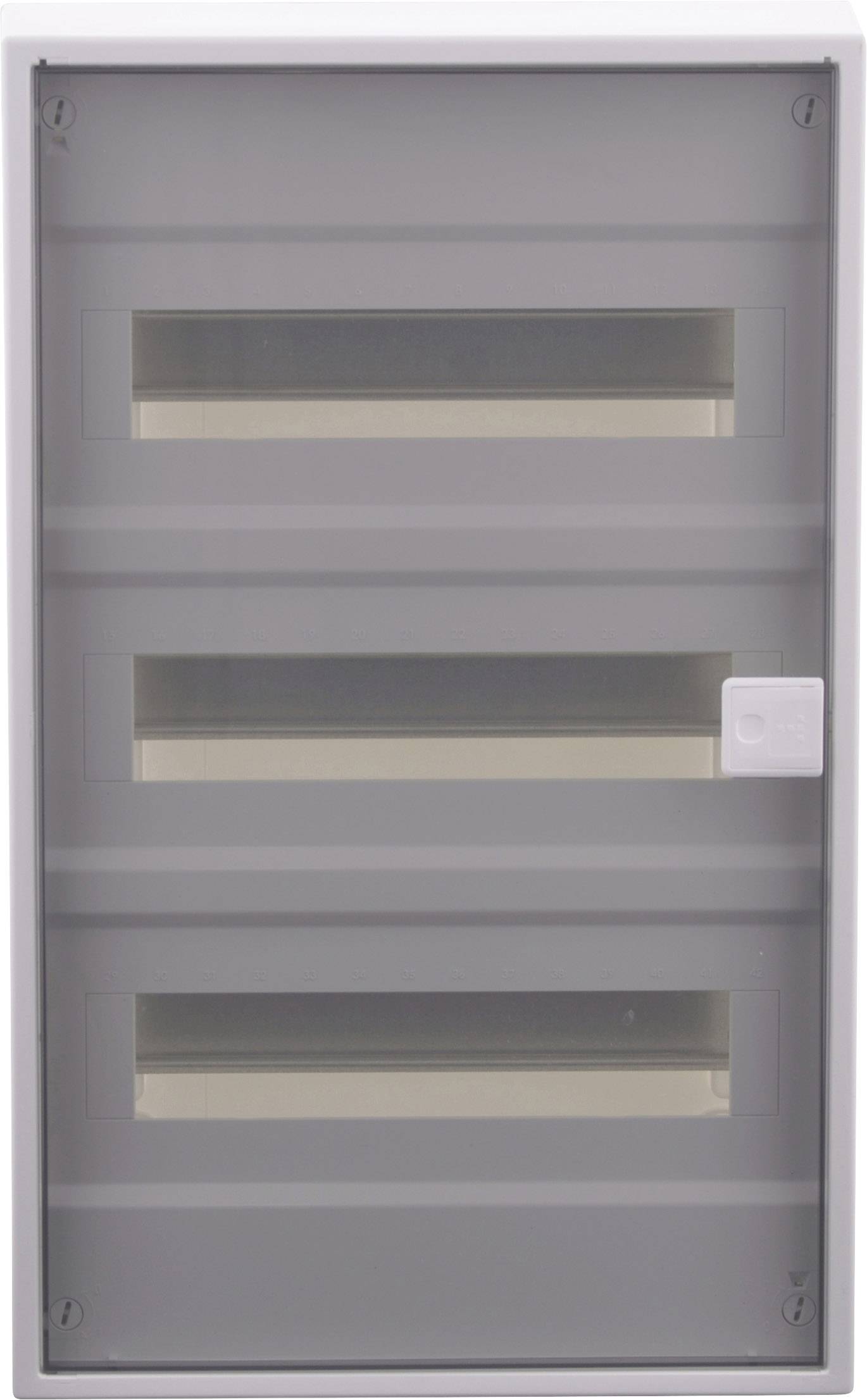 Szary panel sterowniczy z przezroczystą pokrywą, przedstawiający trzy poziome przegrody, z których każda posiada otwór na obwody elektryczne oraz biały przycisk.