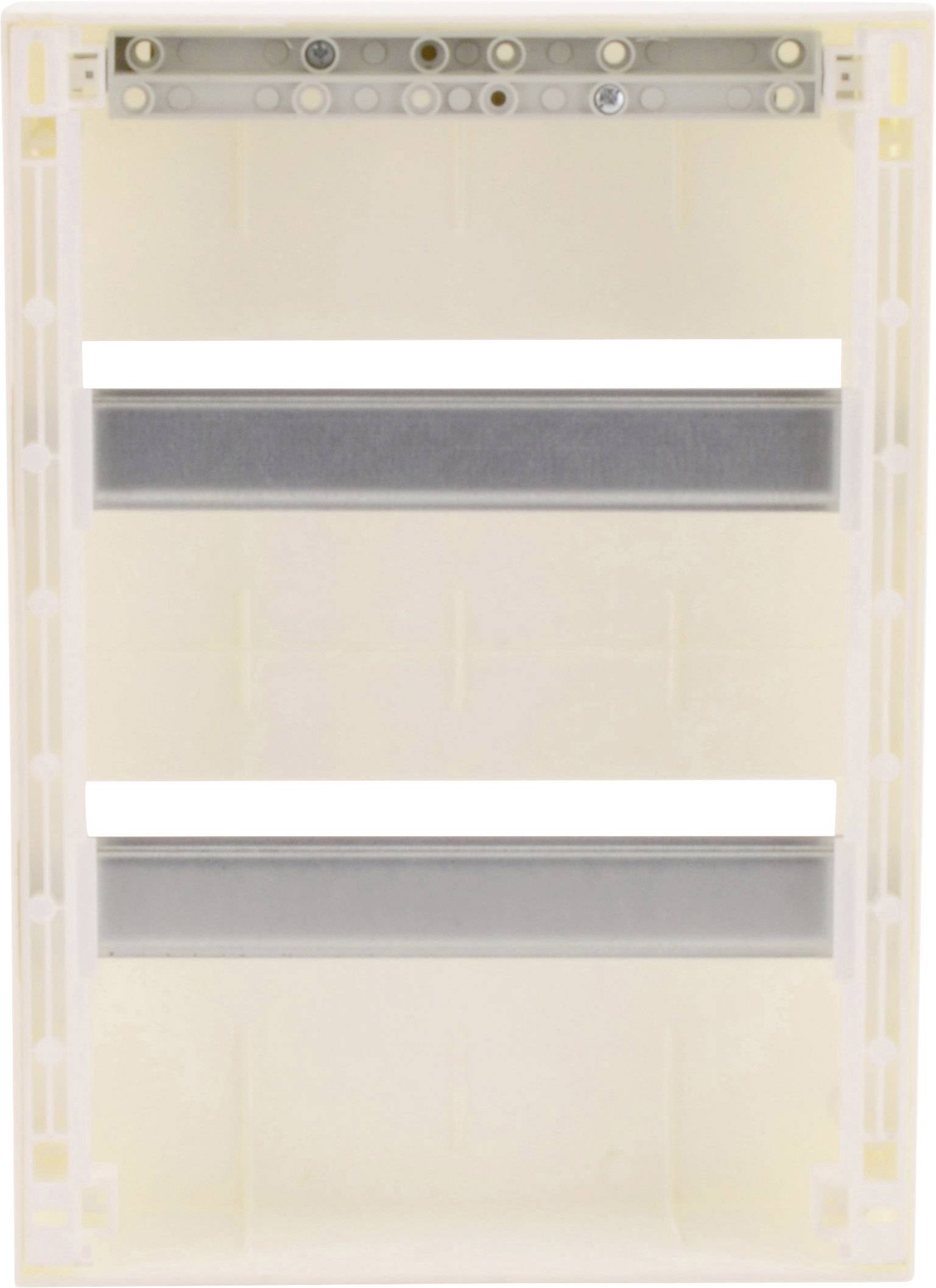 Pusta obudowa skrzynki bezpiecznikowej z dwoma poziomymi szynami do montażu bezpieczników lub elementów elektrycznych.