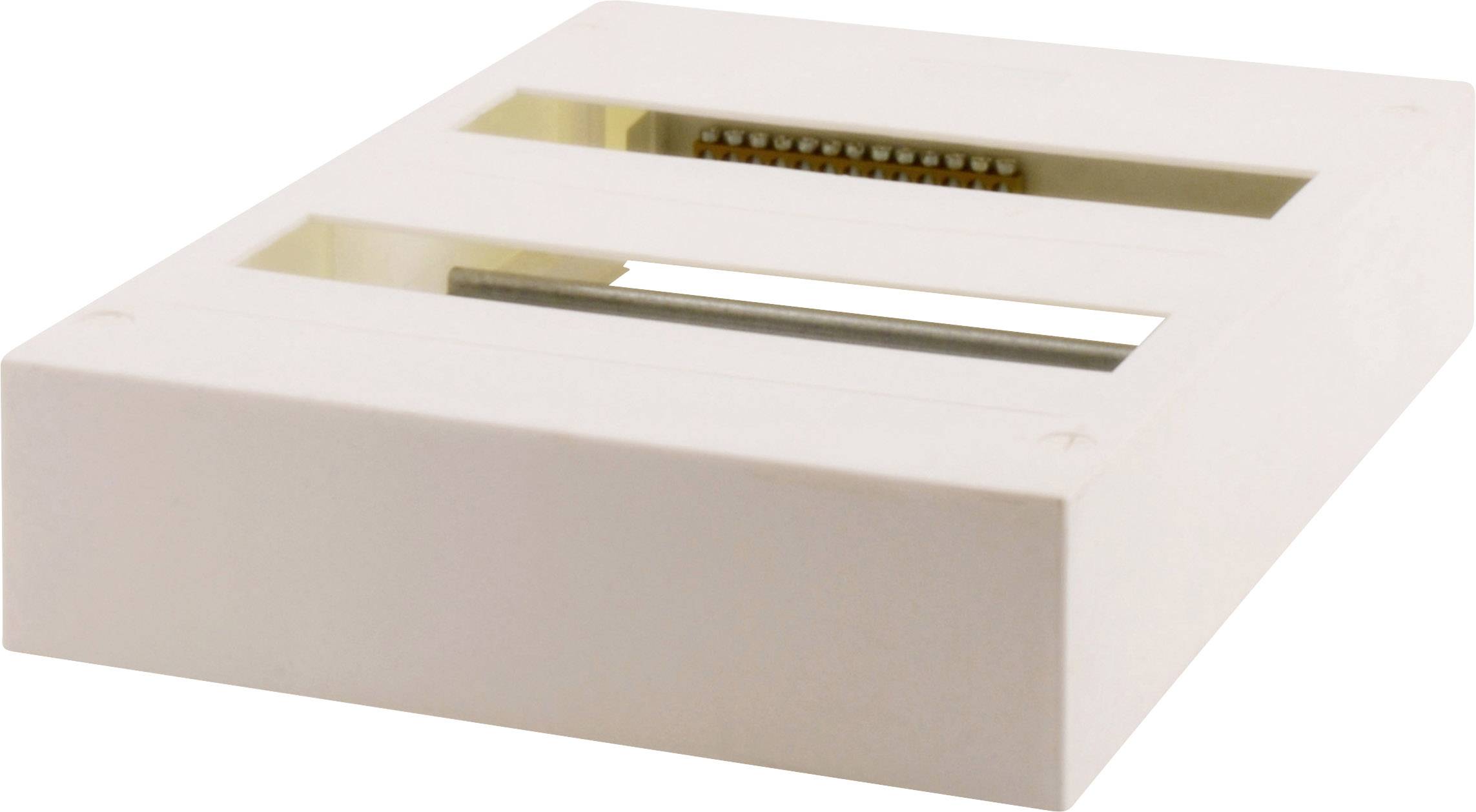 Prostokątny, biały obiekt z dwoma podłużnymi szczelinami. W górnej szczelinie widoczne są liczne rzędy złotych styków pinowych.