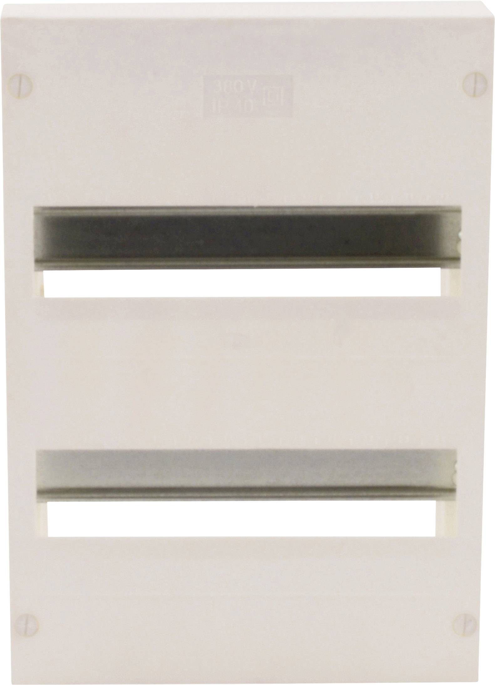 Pusta obudowa z tworzywa sztucznego do instalacji elektrycznych z dwoma otworami na komponenty. Odpowiednia do montażu w szafkach sterowniczych.