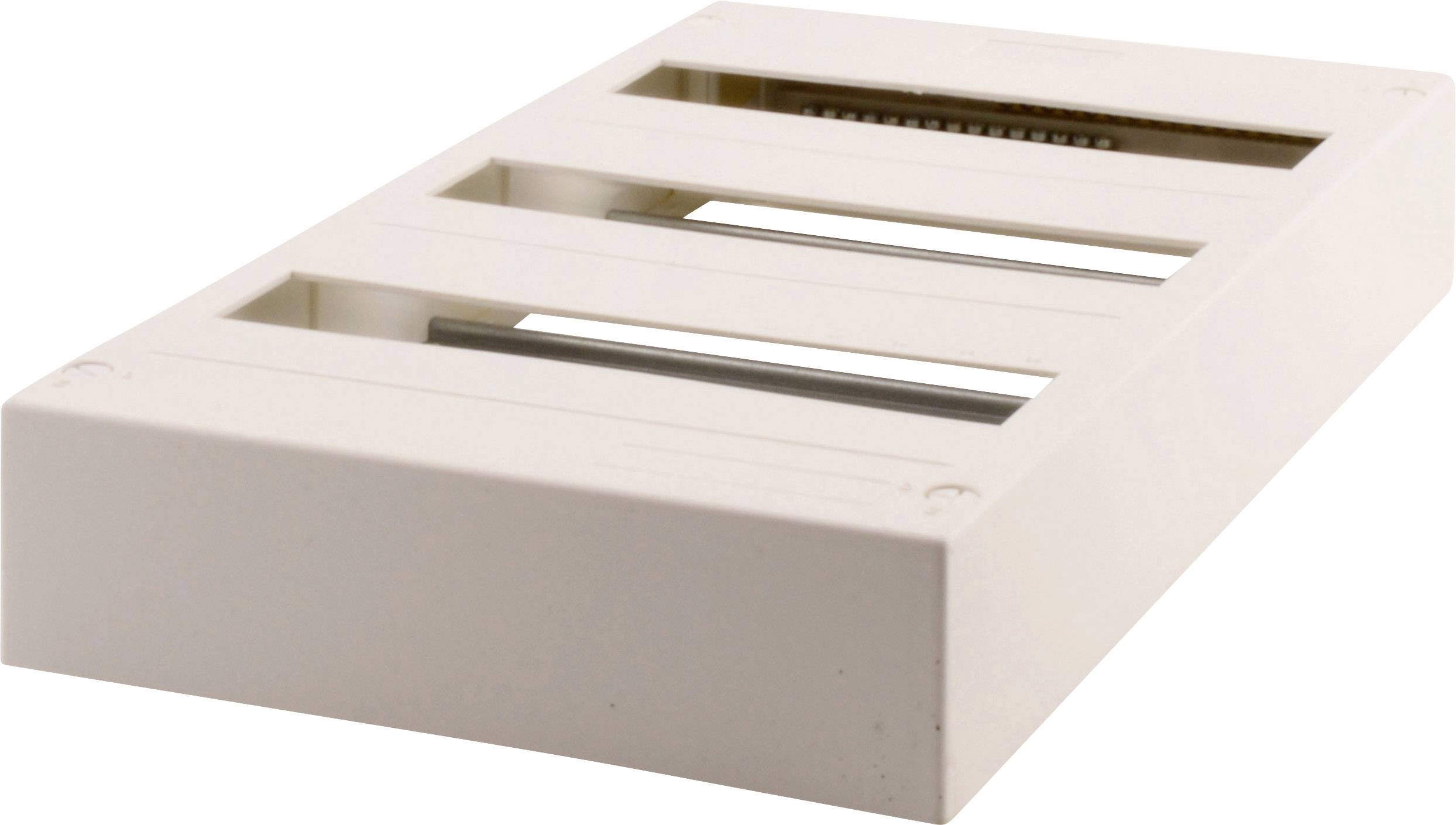 Prostokątna, biała obudowa z tworzywa sztucznego z kilkoma wąskimi szczelinami, prawdopodobnie przeznaczona do montażu elementów elektronicznych.