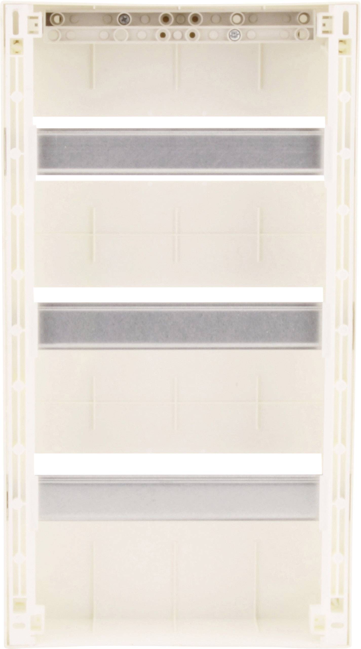 Biała plastikowa skrzynka z czterema poziomymi szynami metalowymi i kilkoma punktami mocowania, prawdopodobnie przeznaczona jako obudowa rozdzielni elektrycznej.