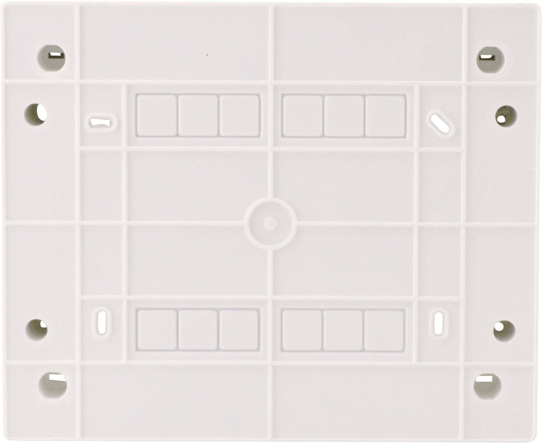 Biała prostokątna płyta z tworzywa sztucznego z symetrycznymi liniowymi i okrągłymi wycięciami.