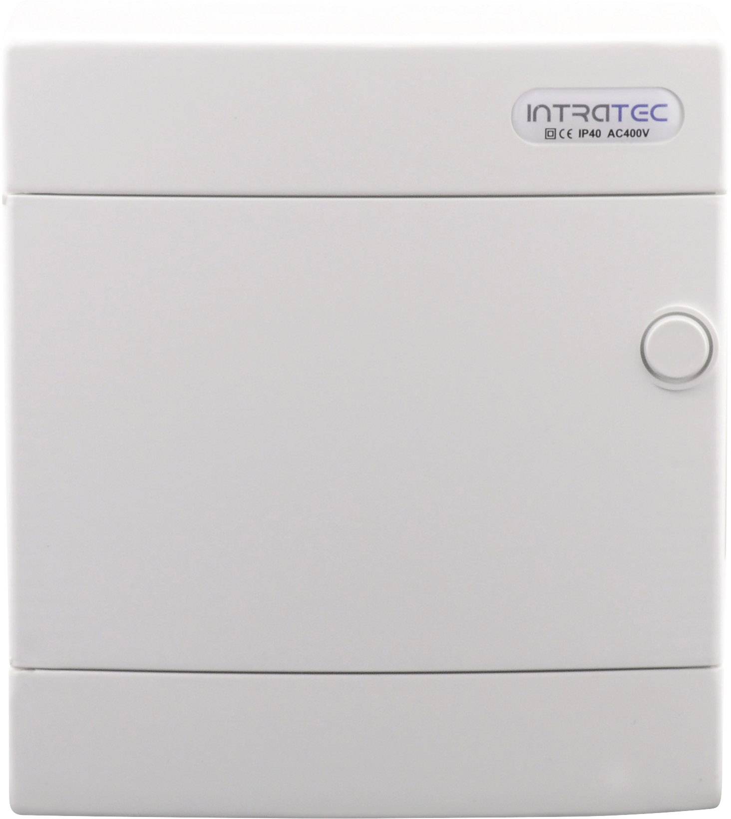 Biały, kwadratowy rozdzielnik elektryczny z napisem 'INTRATEC' w prawym górnym rogu.