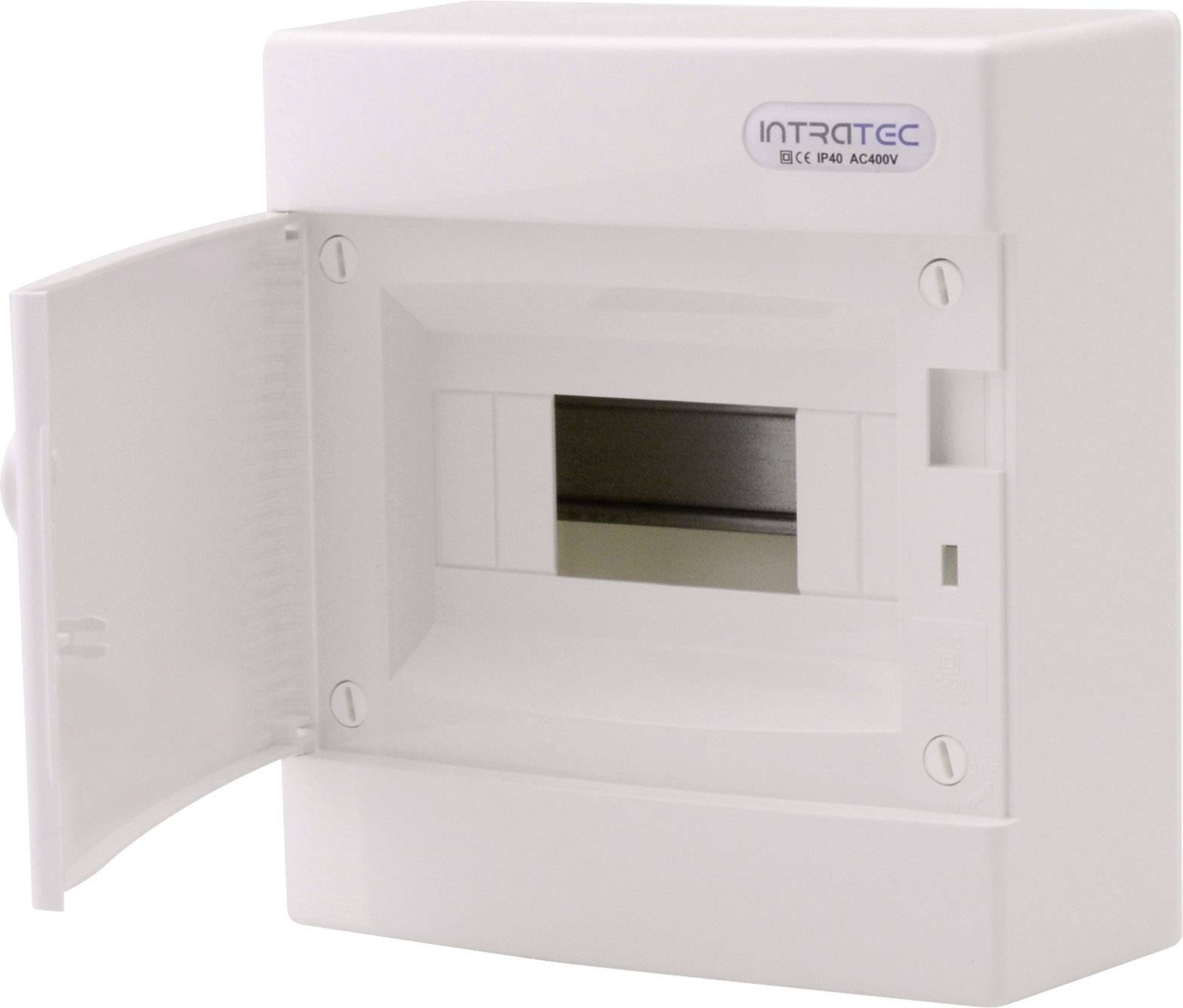 Biały elektryczny rozdzielacz z otwartą klapką, wyprodukowany przez Intratec, odpowiedni do systemów 400V.