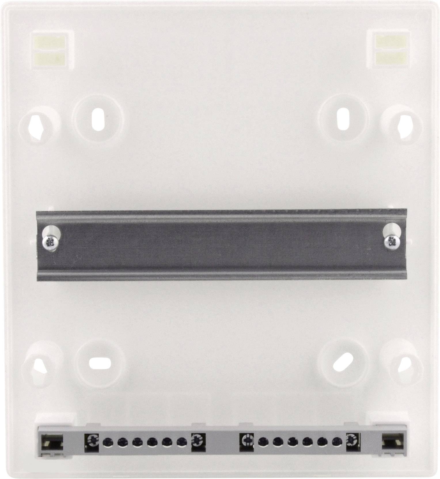 Biała płyta z tworzywa sztucznego z wieloma otworami i złączami, odpowiednia do zamontowania urządzeń elektromagnetycznych na ścianie.