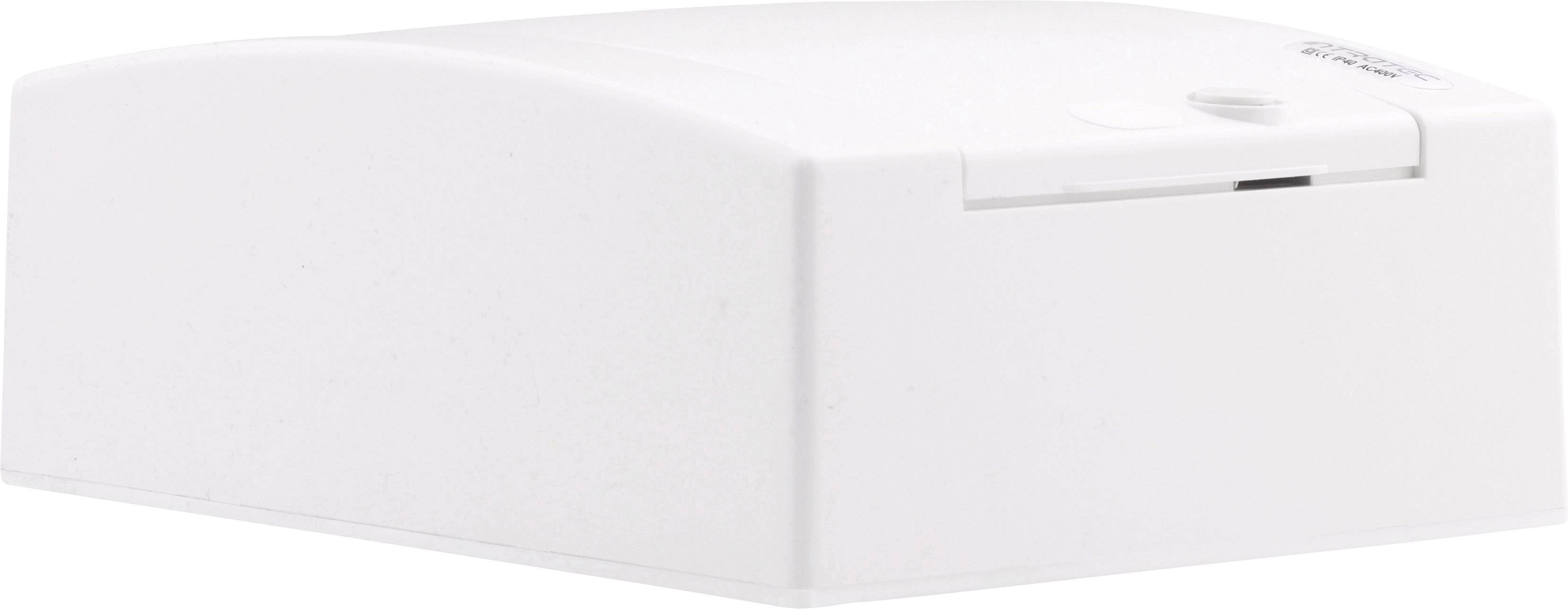 Prostokątna, biała obudowa o zaokrąglonych krawędziach z małym, wbudowanym przełącznikiem na górnej powierzchni.