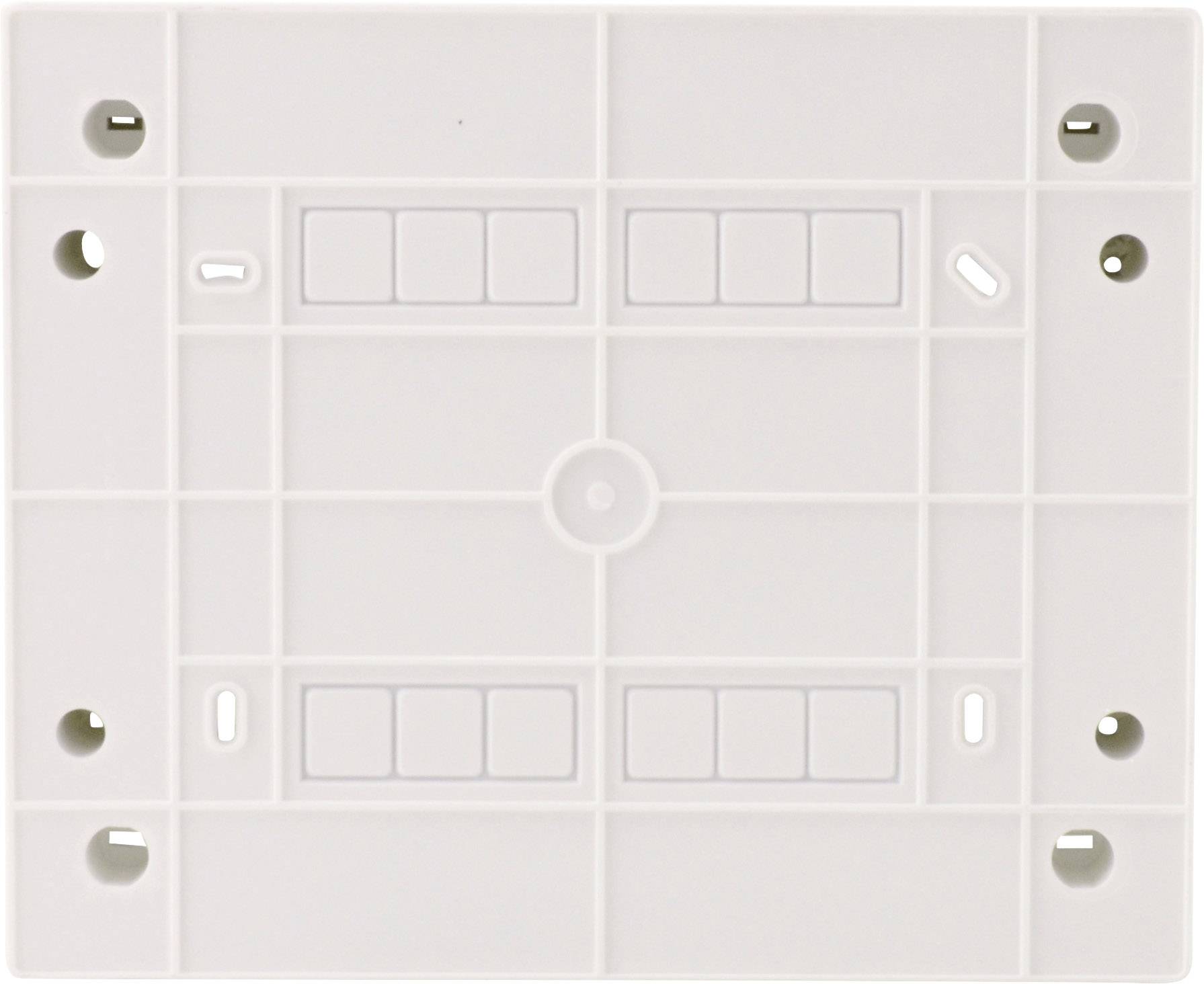 Biała płyta montażowa z wieloma otworami montażowymi i otworami, używana do instalacji urządzeń elektronicznych na ścianach.