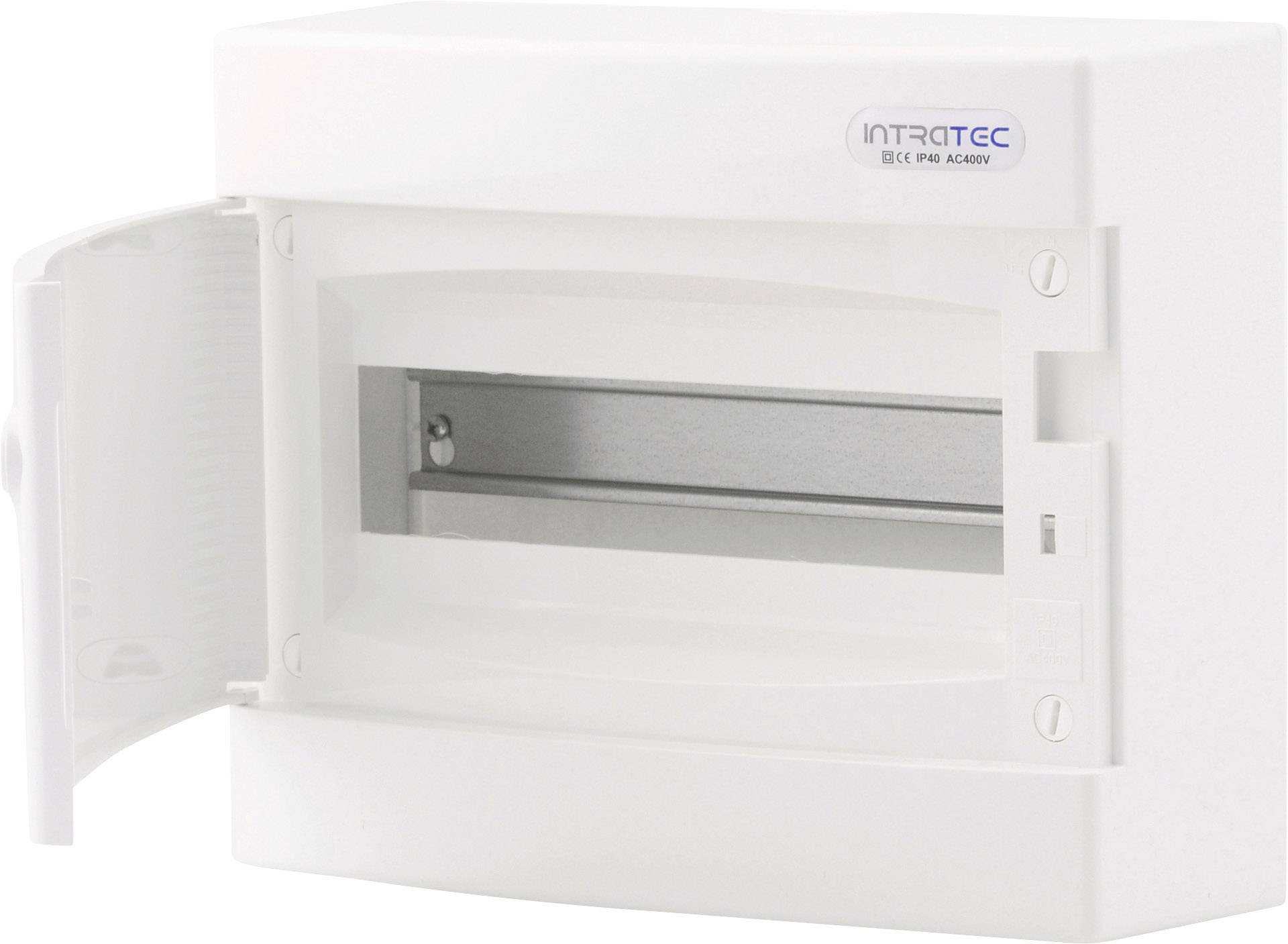 Otwarty biały rozdzielacz elektryczny z wolnym systemem szyn do montażu elektrycznych wyłączników lub bezpieczników.