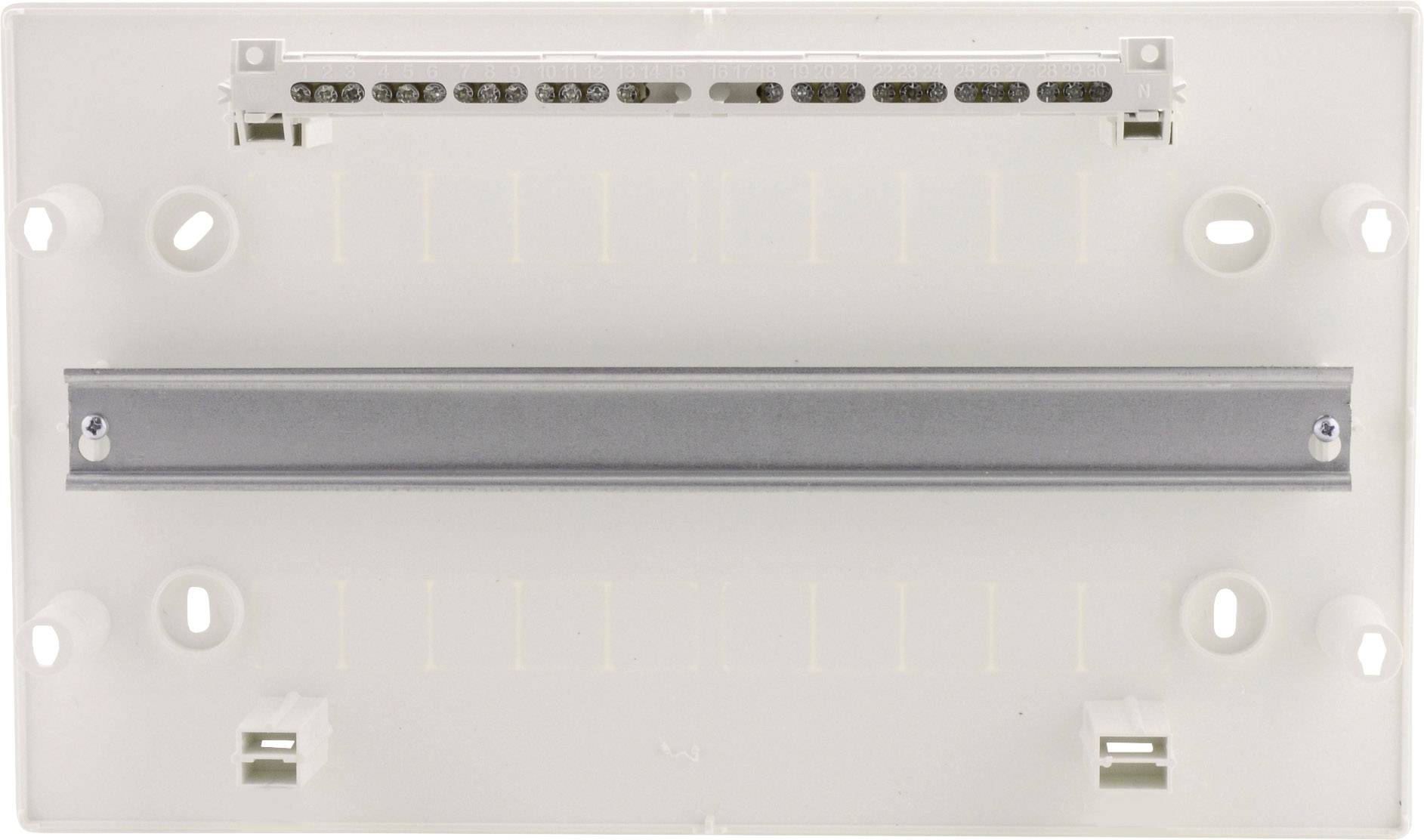 Prostokątna obudowa z tworzywa sztucznego z otworami na śruby i uchwytami, prawdopodobnie przeznaczona do montażu elementów elektronicznych.
