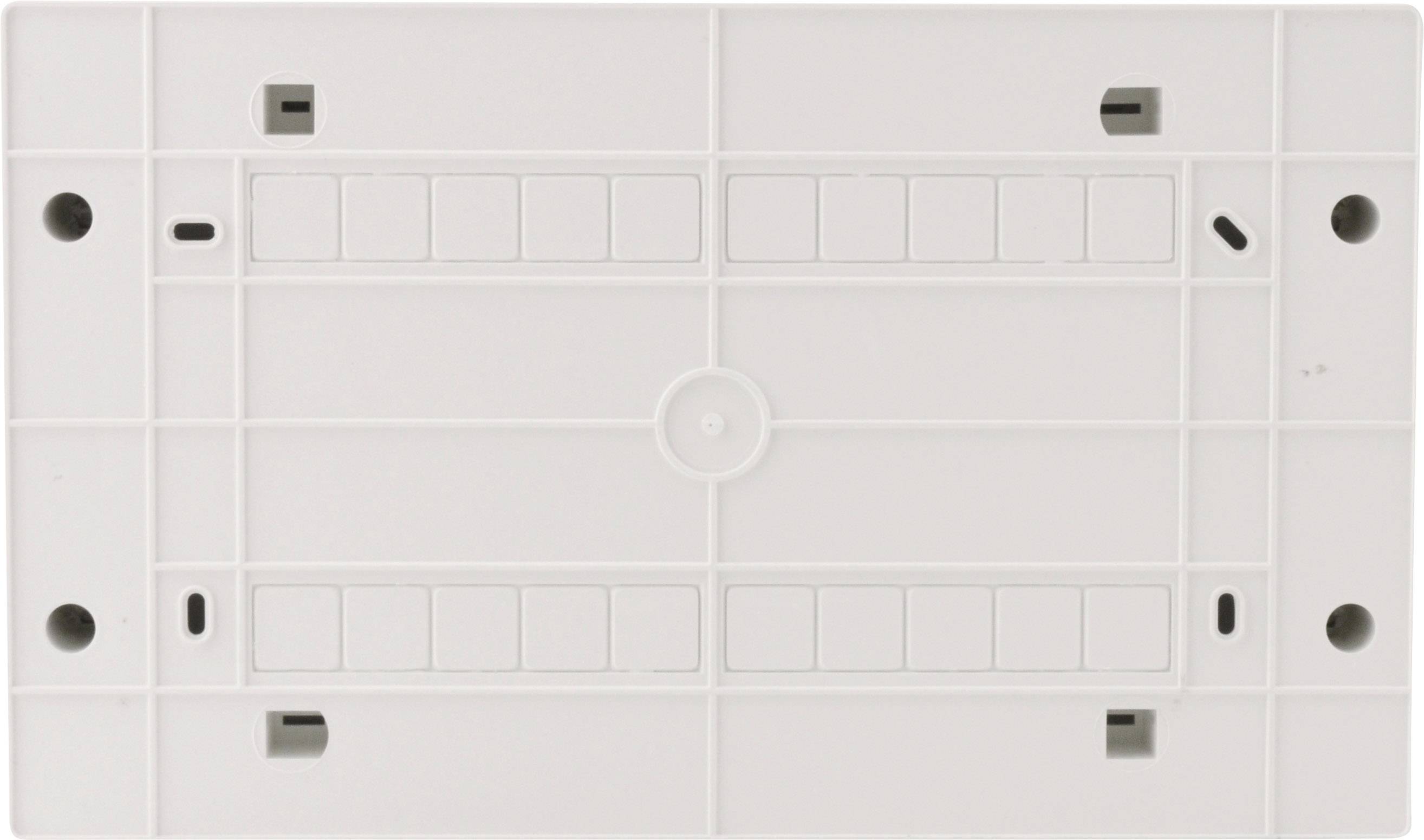 Biała płyta plastikowa z wieloma prostokątnymi wycięciami i otworami montażowymi, prawdopodobnie przeznaczona do montażu lub umieszczania elementów modułowych.