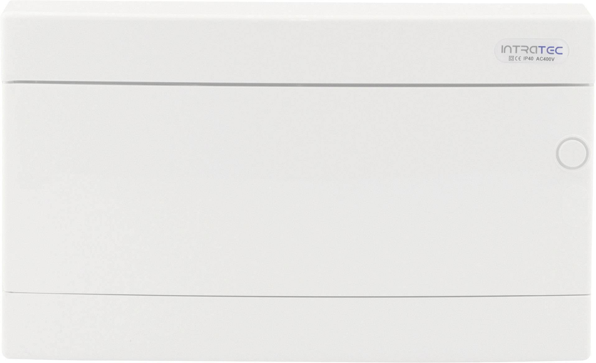 Biały skrzynka bezpieczników z małym okrągłym przyciskiem i napisem 'Intratec' w górnym prawym rogu.