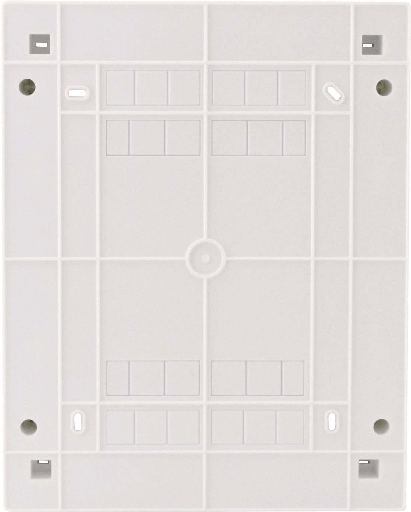 Biały, prostokątny plastikowy stelaż z kilkoma małymi, kwadratowymi wycięciami.