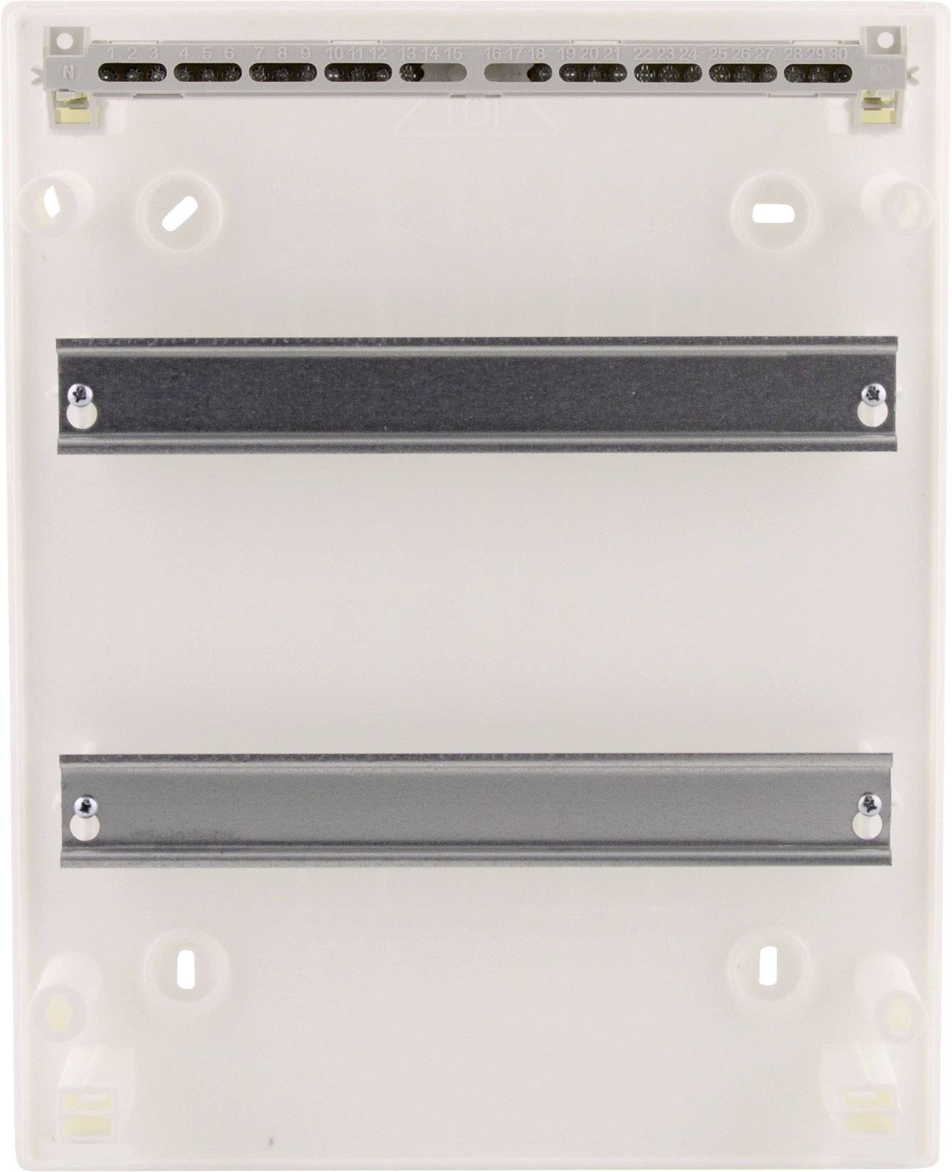 Białe elektryczne szyny rozdzielcze bez zainstalowanych komponentów, wyposażone w dwie poziome metalowe szyny.