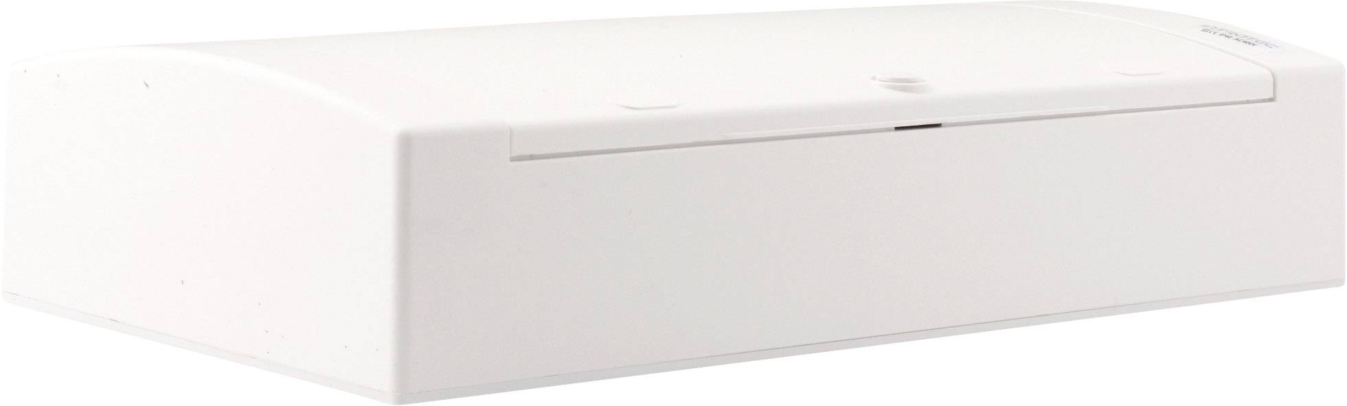 Biała, prostokątna obudowa, prawdopodobnie urządzenie elektroniczne lub akcesoria, na białym tle.