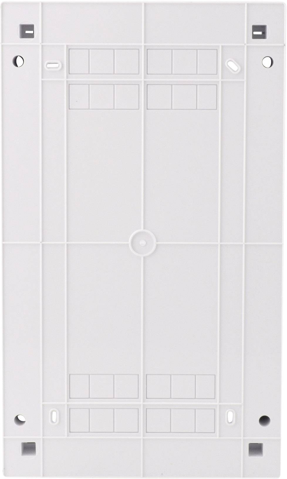 Prostokątna biała płyta ścienna z kilkoma małymi otworami i punktami mocowania. Minimalistyczny design do instalacji technicznych.