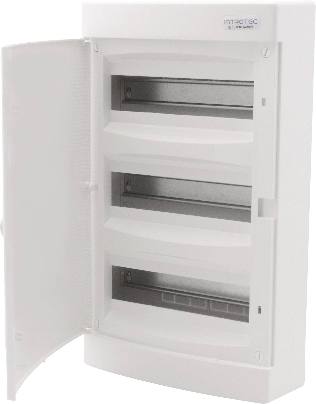 'Elektryczny rozdzielacz z otwartymi drzwiczkami, ukazujący trzy puste szyny montażowe na bezpieczniki.'