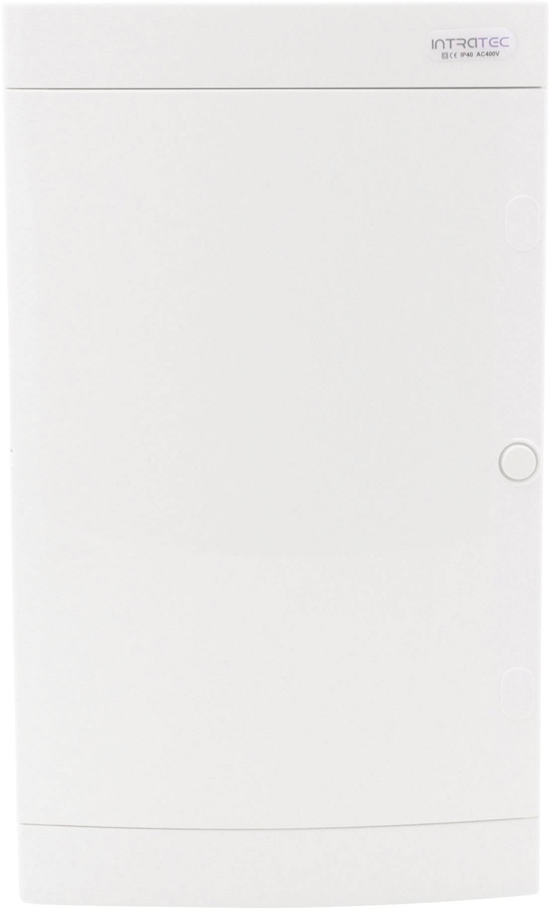 Biały, prostokątny rozdzielacz o gładkiej powierzchni i dyskretnych uchwytach. W prawym górnym rogu logo 'Intratec'.
