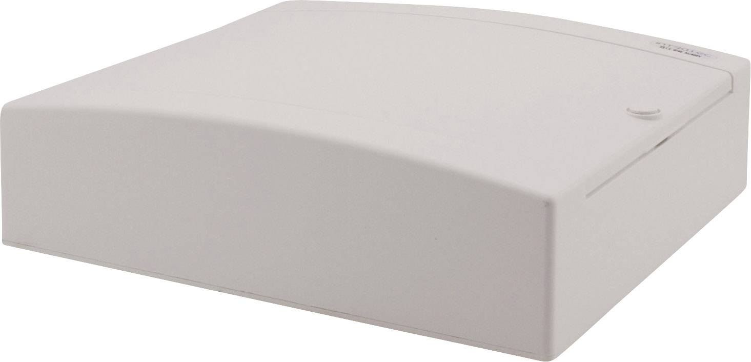 Prostokątne, białe urządzenie o zaokrąglonych narożnikach i lekko wypukłej górnej powierzchni, prawdopodobnie obudowa elektroniczna.