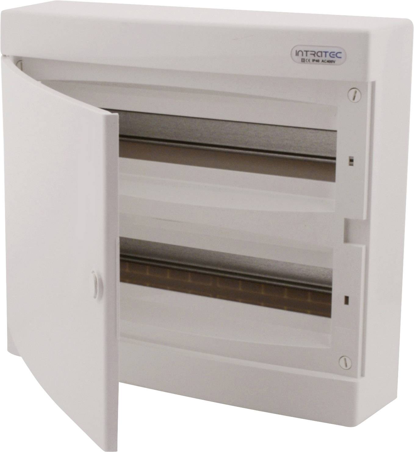 Otwarty skrzynka bezpieczników z dwoma pustymi rzędami na bezpieczniki, zamontowana na ścianie.