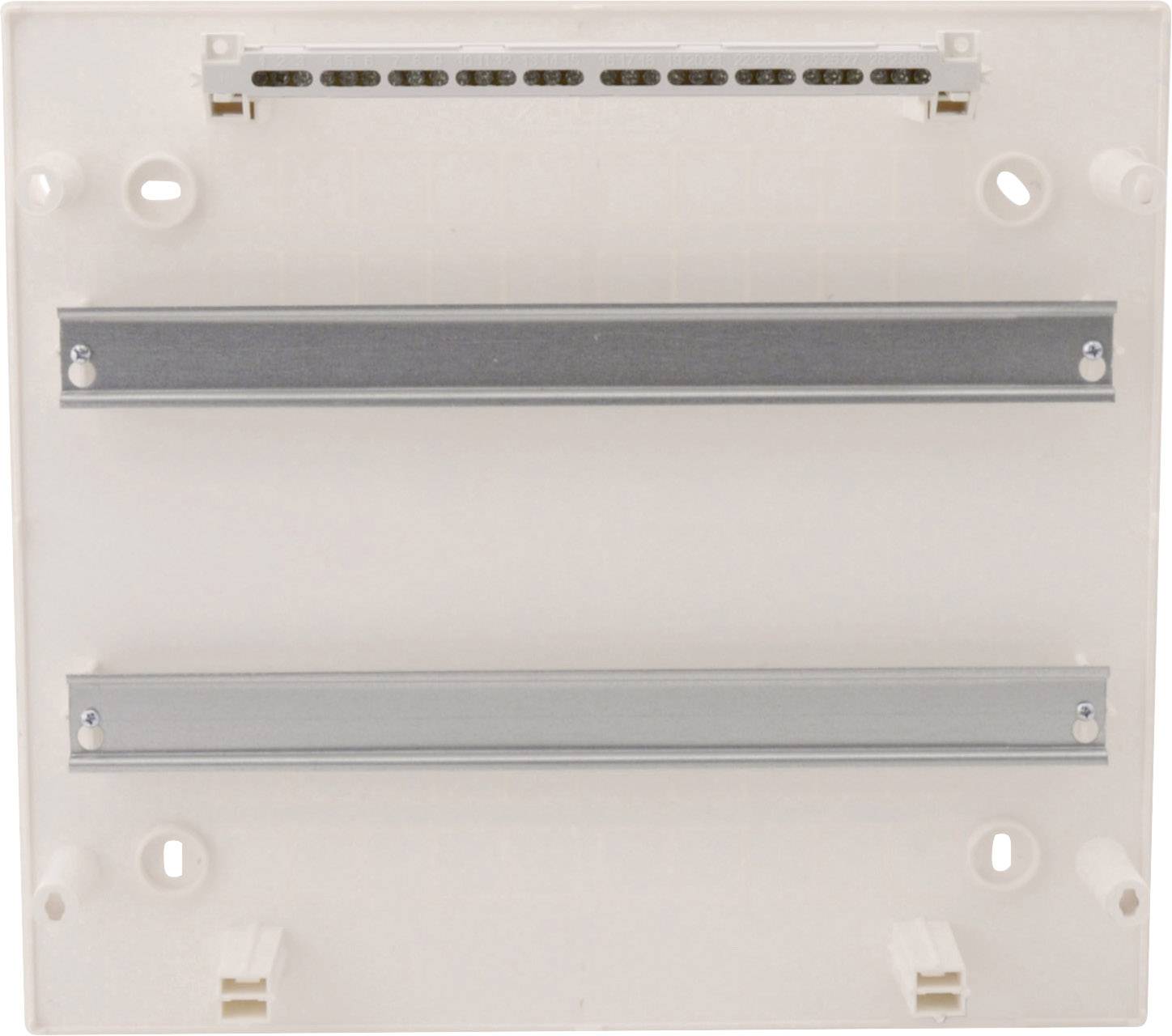 Pusta, prostokątna obudowa plastikowa z dwoma poziomymi metalowymi wspornikami do montażu urządzeń lub modułów, przeznaczona do zamocowania na ścianie.