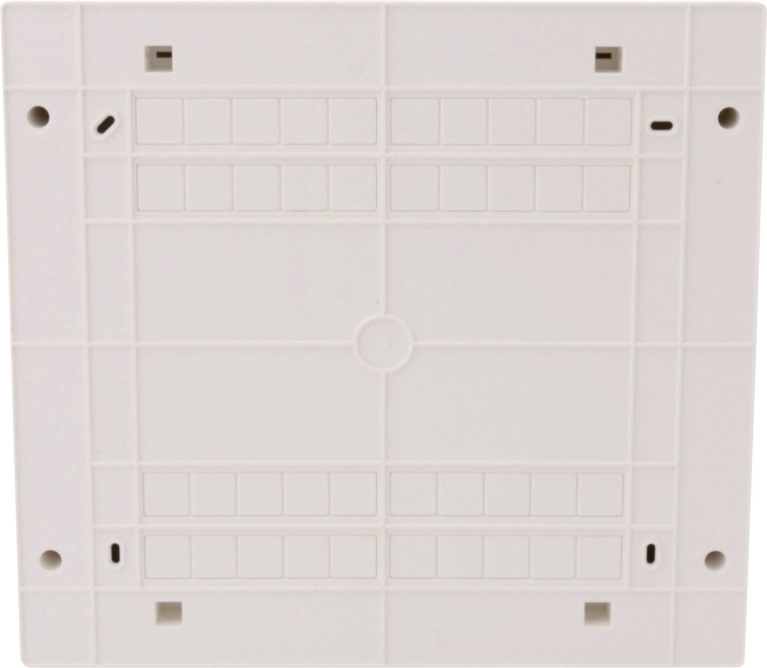 Kwadratowa, biała płyta z tworzywa sztucznego z symetrycznym wzorem prostokątów i małymi otworami w narożnikach i krawędziach.