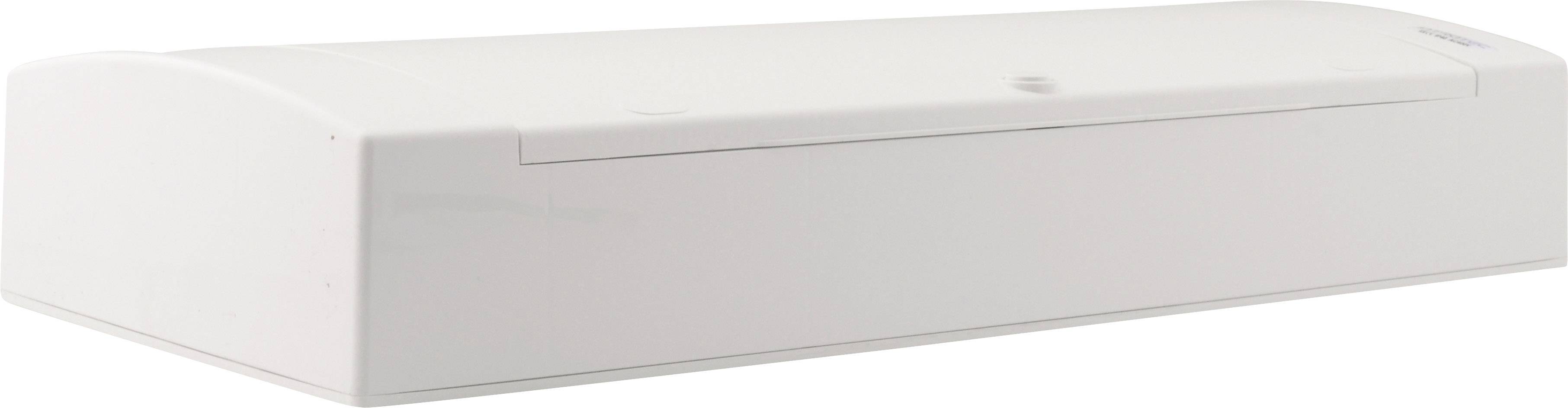 Biały, prostokątny plastikowy pojemnik z zaokrąglonymi krawędziami, umieszczony na płaskiej powierzchni, prawdopodobnie obudowa lub pokrywa.