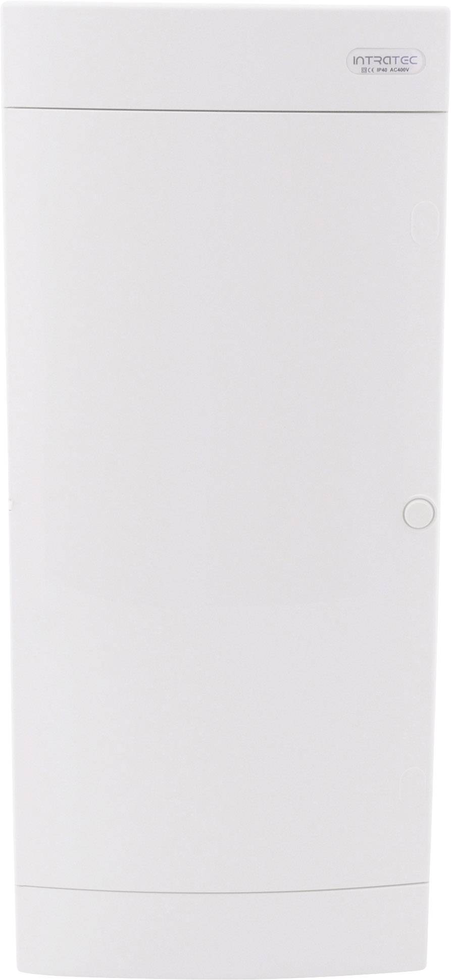 Biały, pionowy rozdzielnik o gładkiej powierzchni z małym, okrągłym przyciskiem z boku.