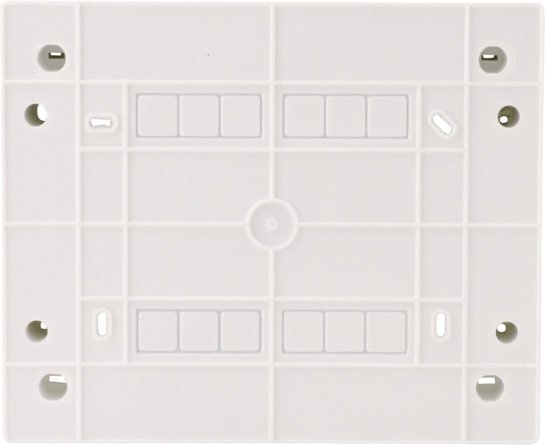 Prostokątna, biała część z tworzywa sztucznego o symetrycznym wzorze, z wieloma otworami wzdłuż krawędzi oraz prostokątnymi wgłębieniami pośrodku.