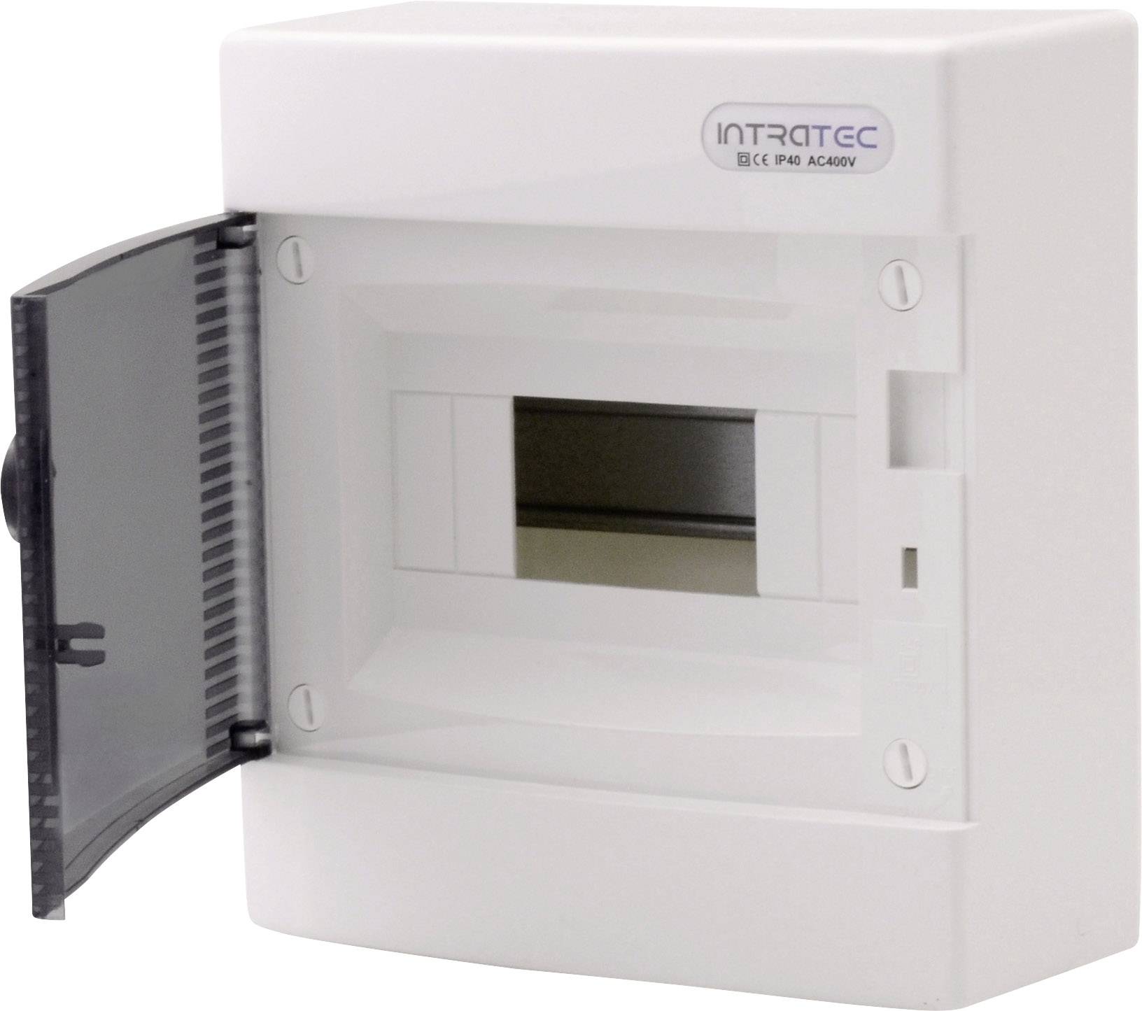 Biały elektryczny rozdzielnik natynkowy z przezroczystymi drzwiczkami, otwarty, z miejscem na bezpieczniki, przeznaczony do montażu ściennego.