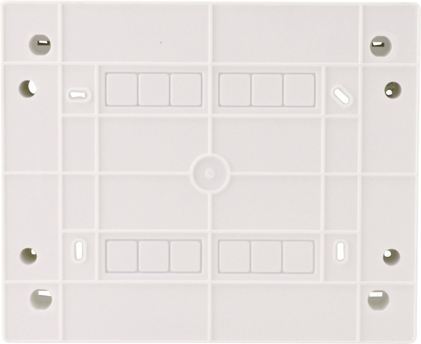 Biała, prostokątna płyta z tworzywa sztucznego z wieloma wgłębieniami i otworami, prawdopodobnie płyta montażowa lub uchwyt.