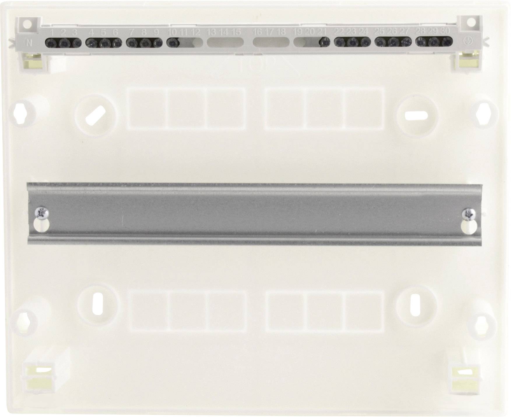 Pusta obudowa z szyną montażową i zintegrowaną szyną nośną, odpowiednia do instalacji elektrycznych.