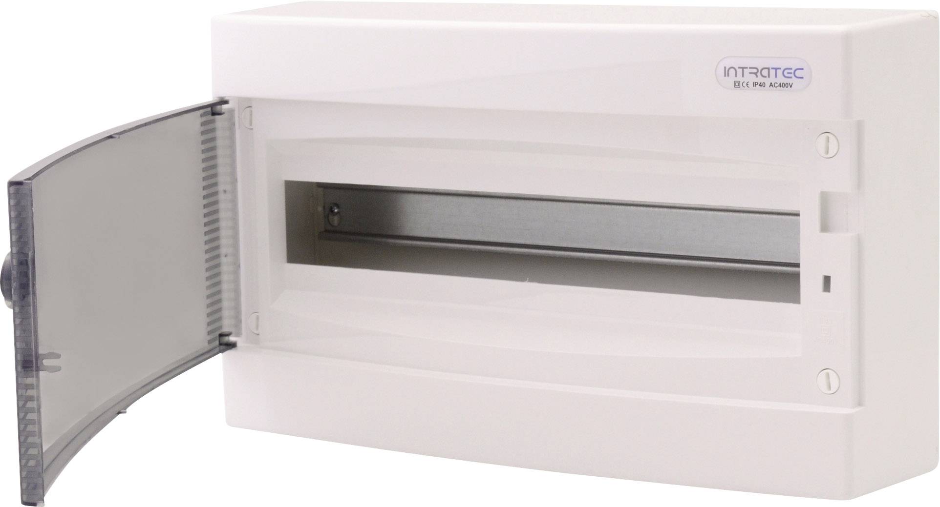 Otwarty, biały rozdzielacz elektryczny firmy Infratec, przeznaczony do montażu wyłączników nadmiarowo-prądowych w budynku mieszkalnym lub biurowym.