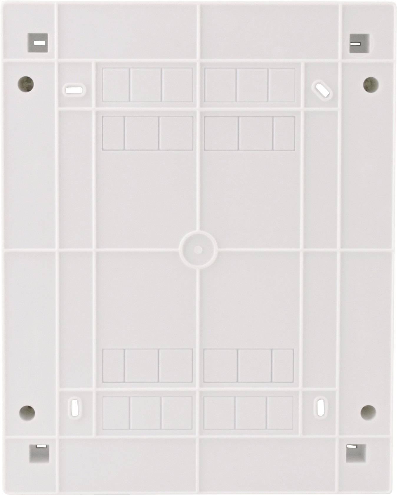 Pusta, prostokątna, biała płyta montażowa z wieloma prostokątnymi wypustkami oraz otworami w narożnikach i krawędziach.