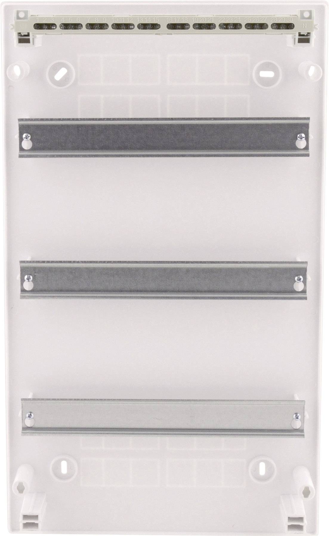 Pusta biała obudowa przyłączeniowa z dwoma poziomymi szynami metalowymi do instalacji elektrycznych.