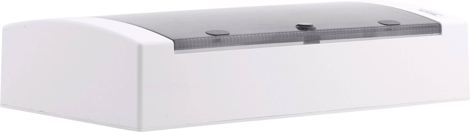 Biały, prostokątny drukarka o zaokrąglonym designie z przezroczystą pokrywą. Bez widocznych marek lub oznaczeń.