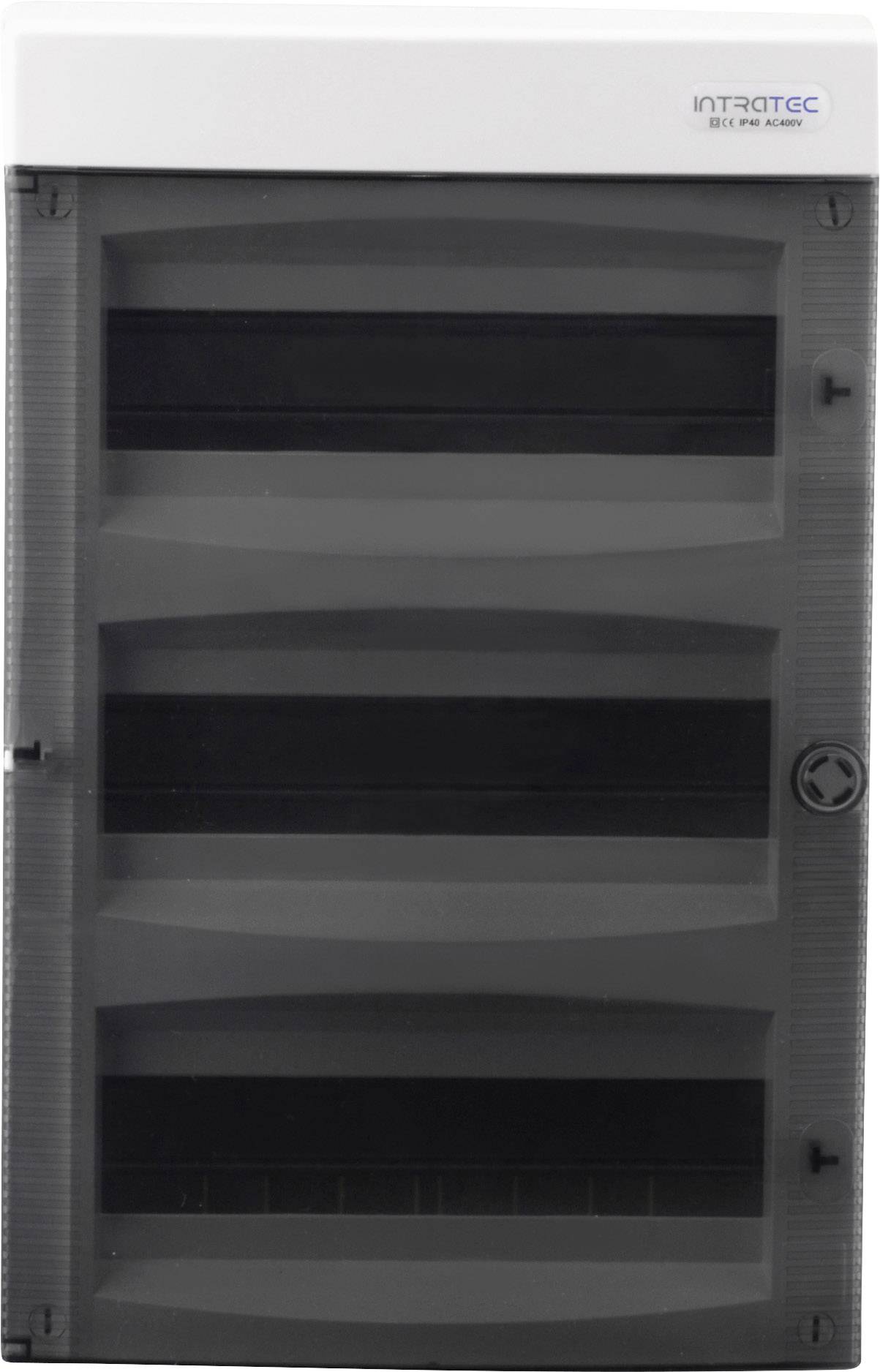 'Skrzynka rozdzielcza INTRATEC z przezroczystą pokrywą i trzema szynami montażowymi, odpowiednia do instalacji elektrycznych.'