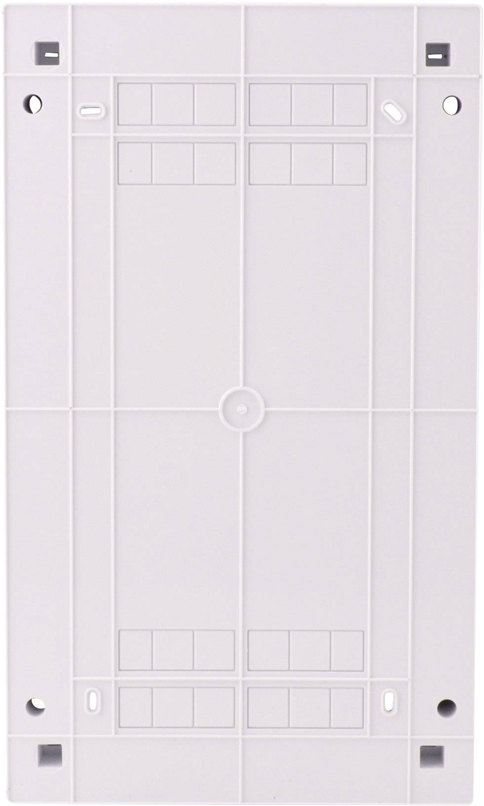 Prostokątny biały moduł z tworzywa sztucznego z wieloma gniazdami montażowymi i otworami na śruby, prawdopodobnie przeznaczony do instalacji elektrycznych.