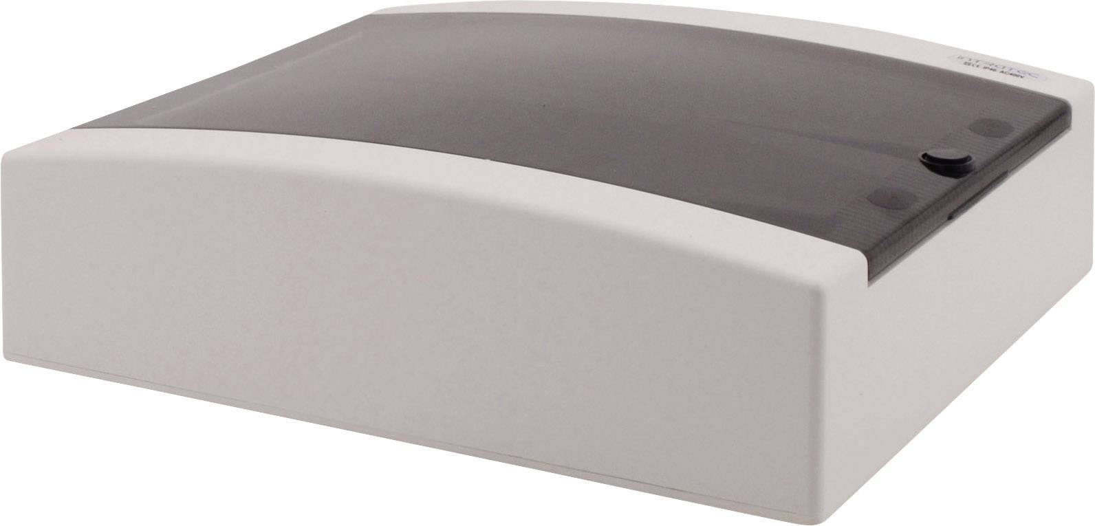 Szare, prostokątne, zasilane baterią obudowa do montażu ściennego z przezroczystą, czarną pokrywą.