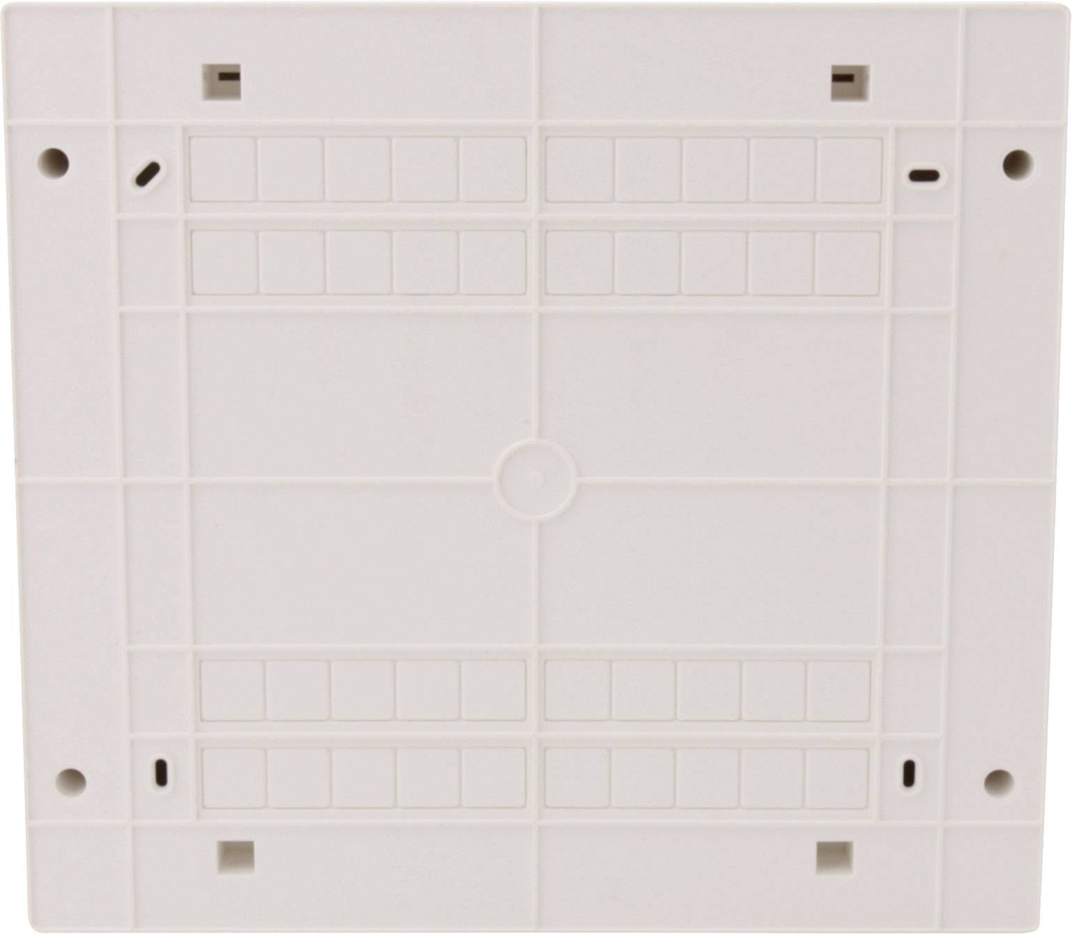 Biała, kwadratowa płyta z tworzywa sztucznego z kilkoma małymi, płaskimi prostokątnymi zagłębieniami i otworami po bokach.