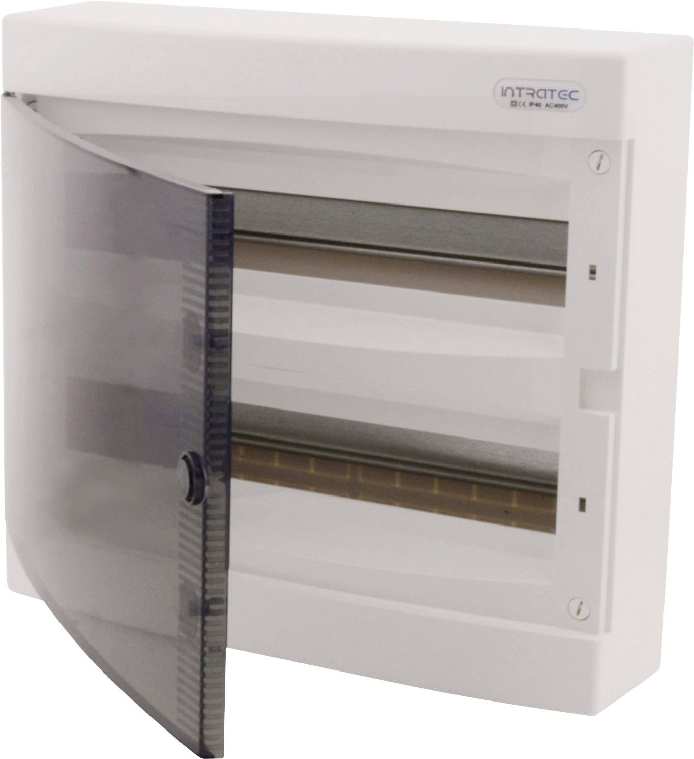 Biały rozdzielacz elektryczny z otwartymi przezroczystymi drzwiczkami i kilkoma wolnymi slotami na bezpieczniki.