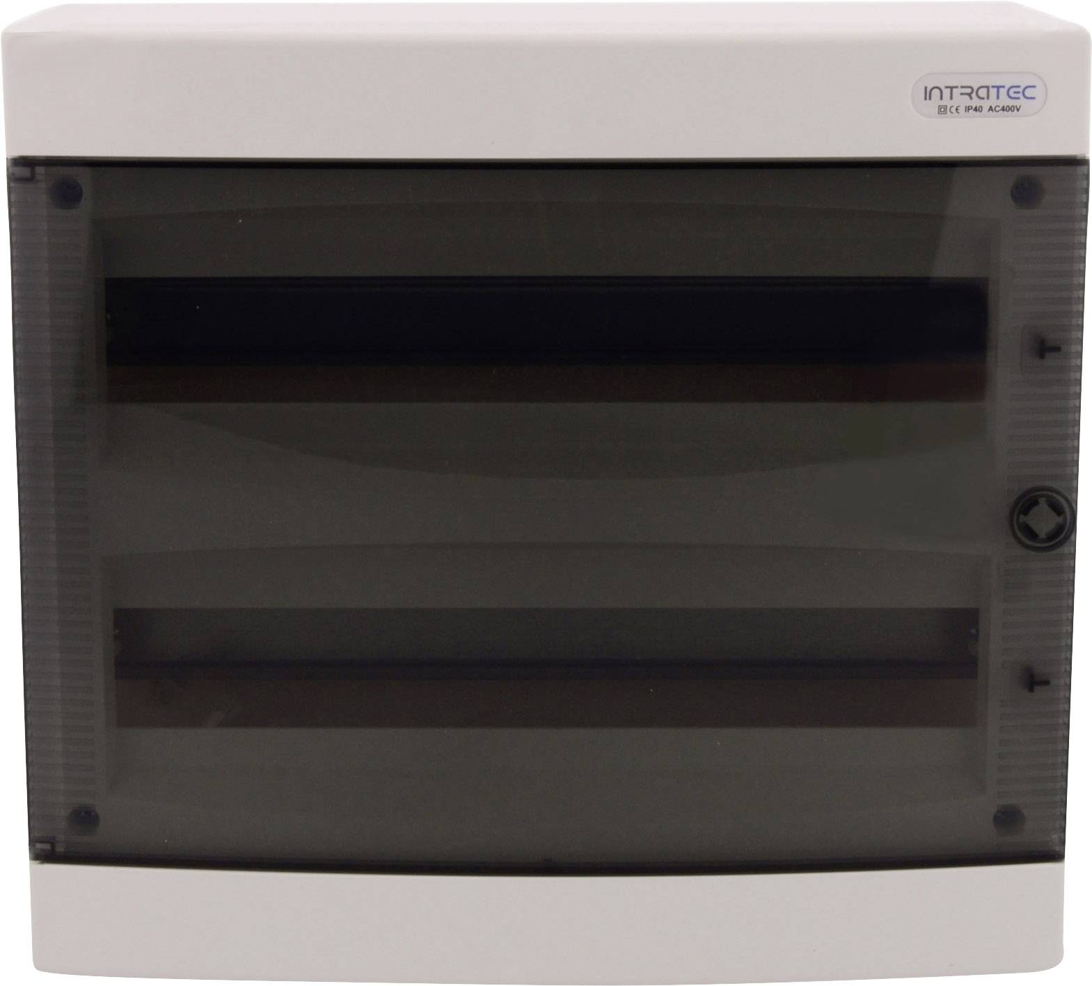 Pusty czarny skrzynka bezpieczników z przezroczystą pokrywą, marki Intratec.