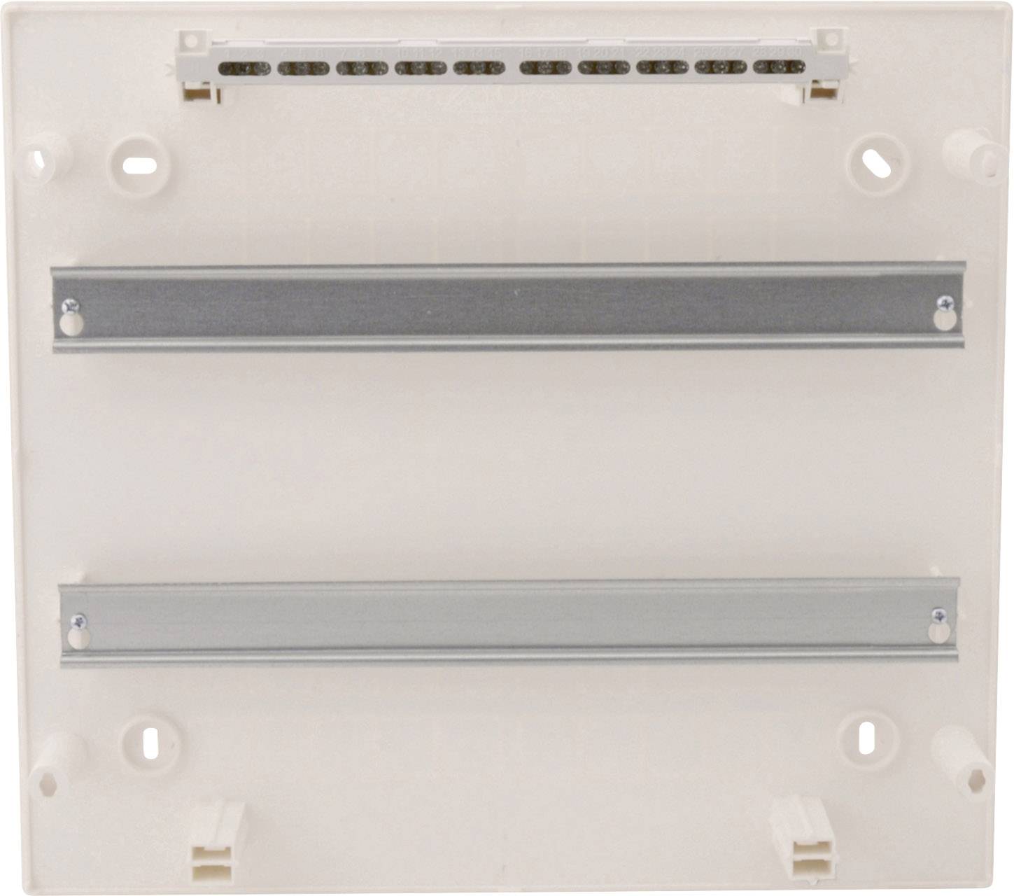 Obudowa elektroniczna z dwoma szynami montażowymi i kilkoma otworami mocującymi.