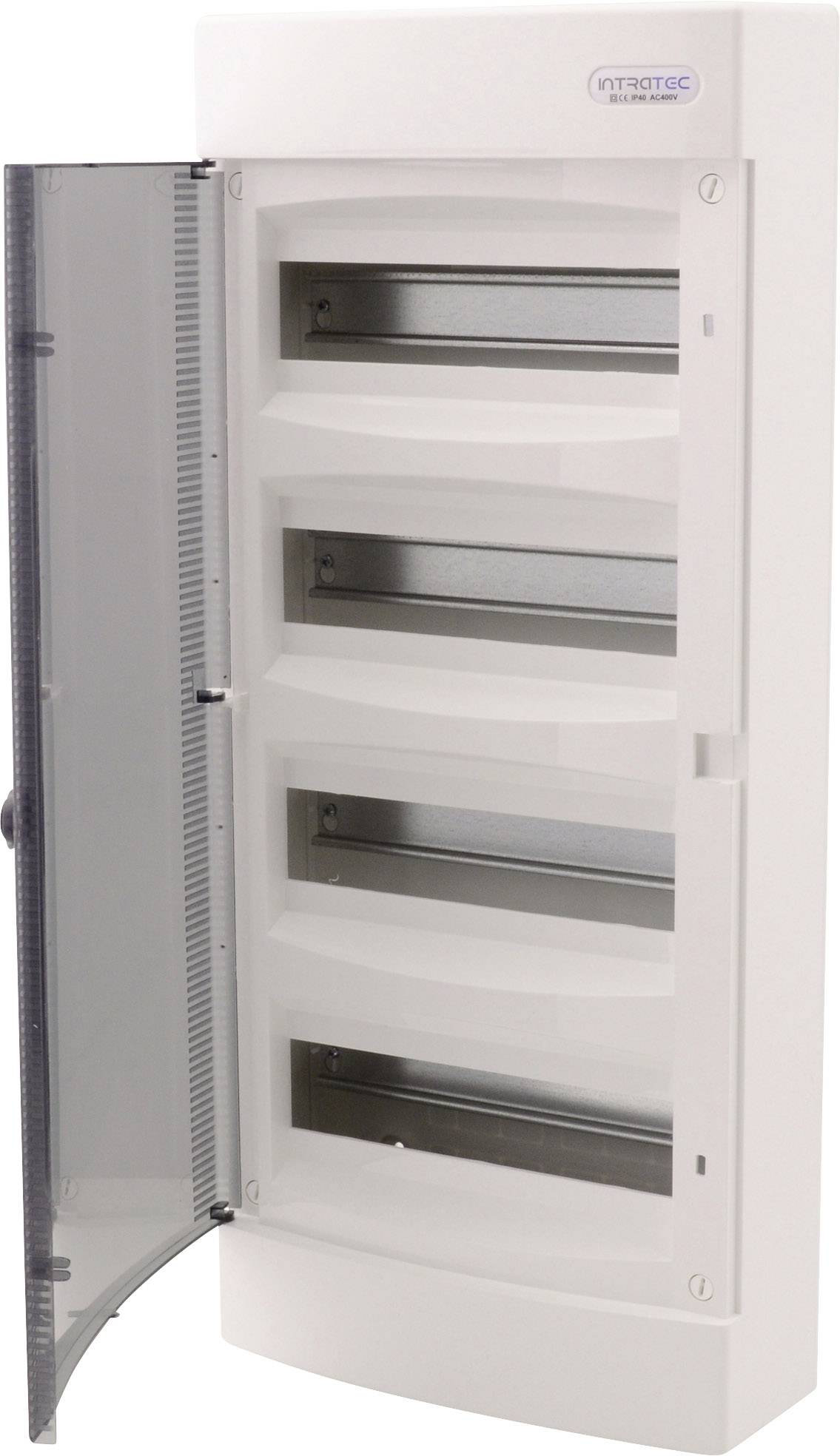 Biała tablica rozdzielcza z czterema pustymi rzędami, otwarte przezroczyste drzwiczki. Odpowiednia do instalacji elektrycznych.